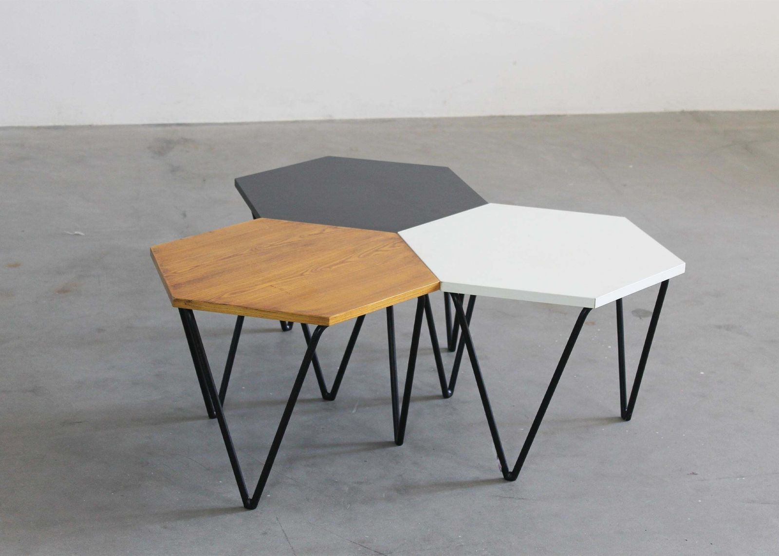 Gio Ponti Set Of Three Hexagonal Coffee Tables In Wood And Metal I.S.A. 1950s photo for sale