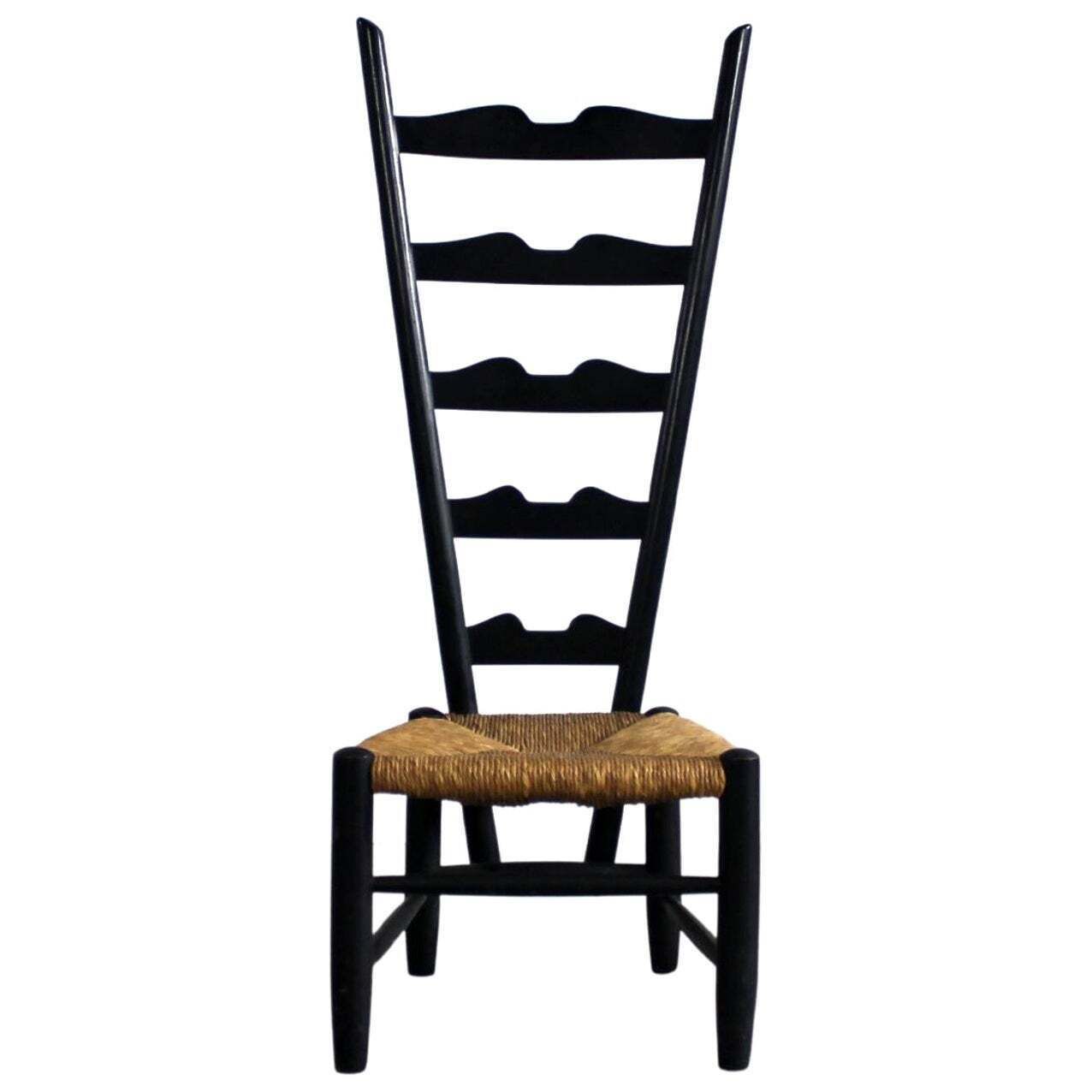 Gio Ponti Fireside Chair In Black Beech Wood And Straw By Casa & Giardino 50s