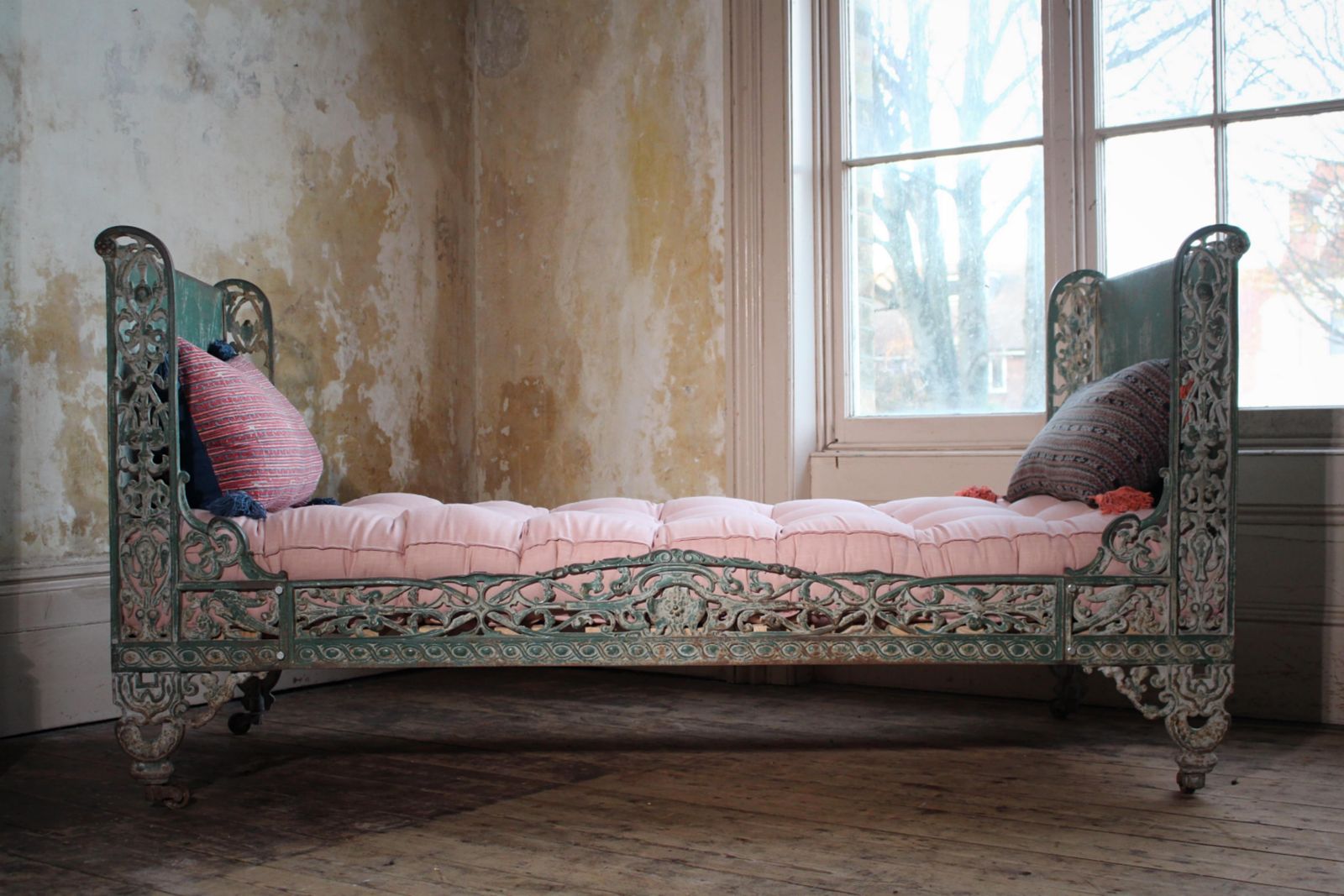 French Circa 1860 Original Painted Green Napoleon Lll Cast Iron Daybed Rococo photo furniture