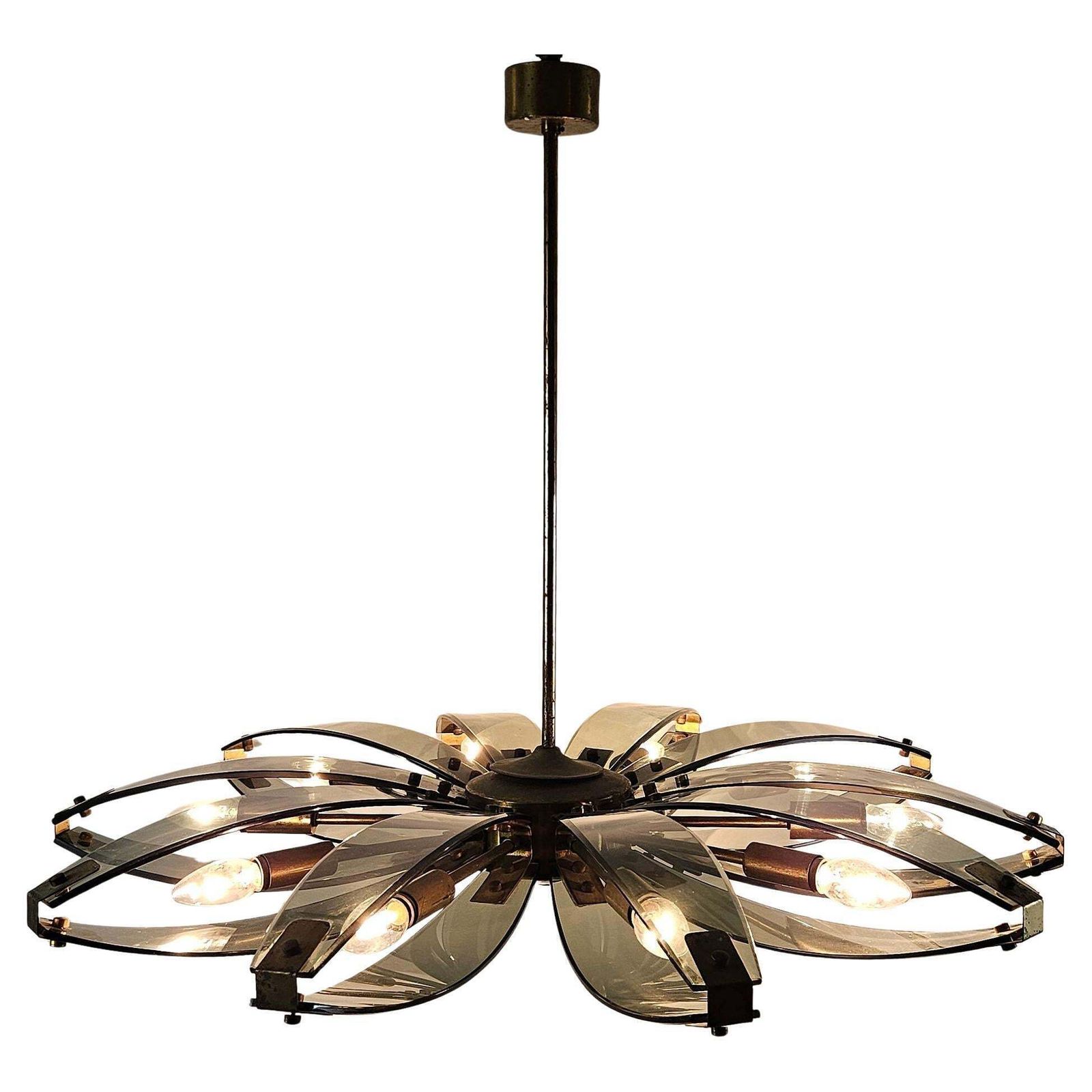 Italian Mid Century Modern Brass And Glass Chandelier, Attr. To Fontana Arte