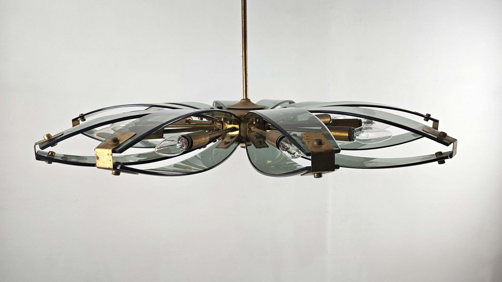 Italian Mid Century Modern Brass And Glass Chandelier, Attr. To Fontana Arte photo furniture