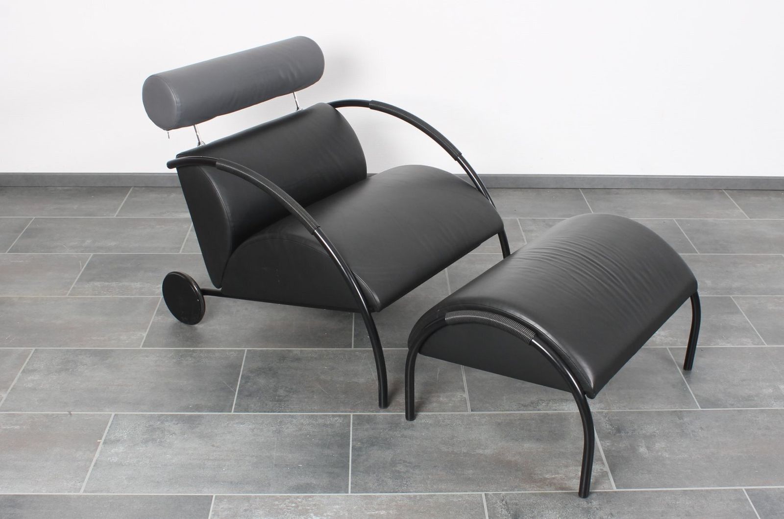 Furniture Set Of Black Leather Zyklus Armchair And Ottoman By Peter Maly For Cor, 1980s photo