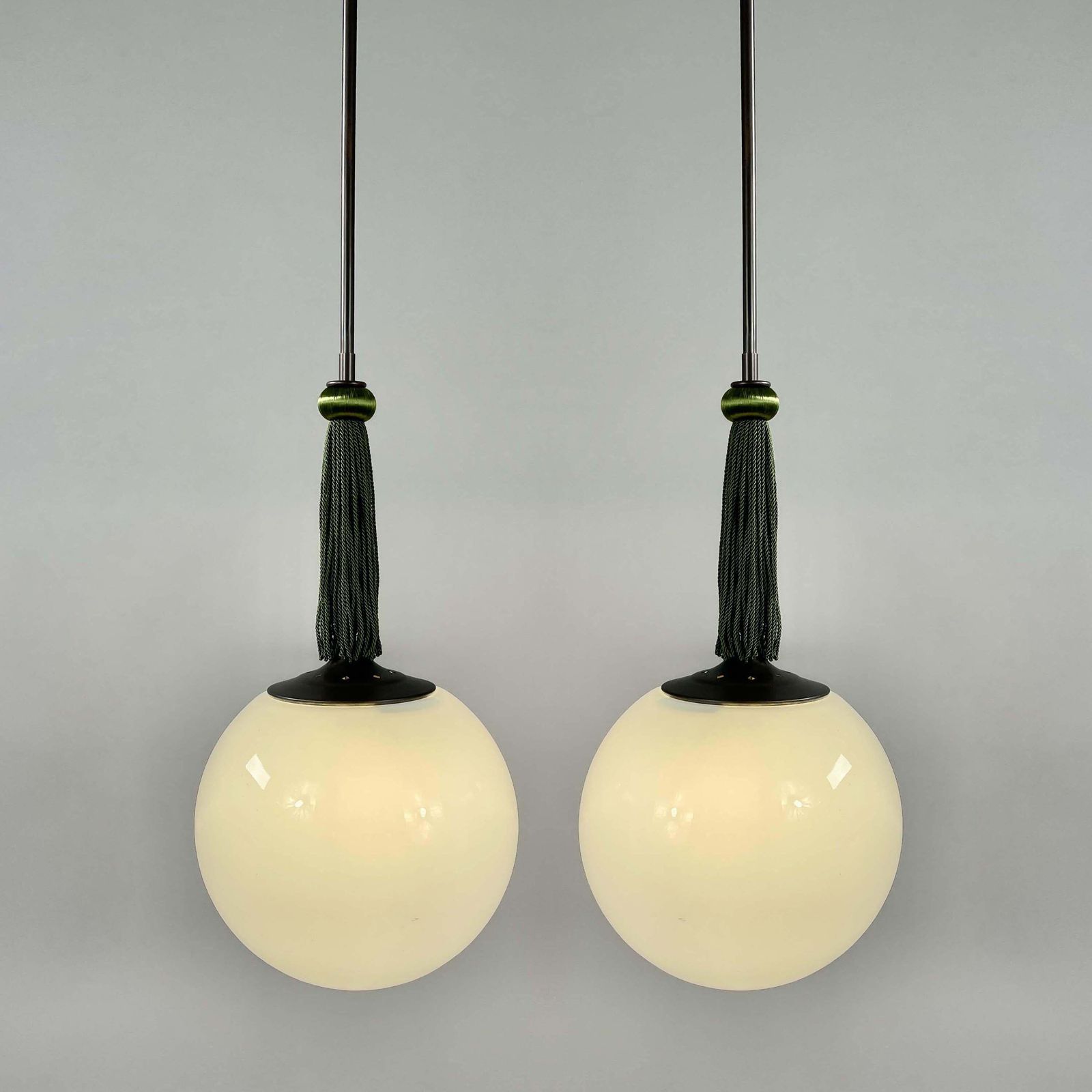 Opaline Glass & Burnished Brass Ball Pendants With Tassel, Germany 1930s photo for sale