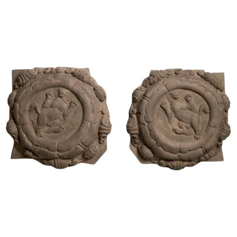 Beige Wall Medallions With Liao Dynasty Motifs, Set Of Two