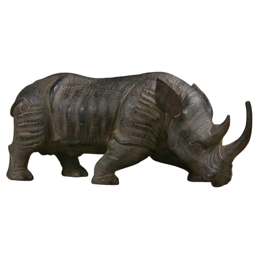 Naturalistic Dark Brown Terracotta Rhinoceros Sculpture – Size L
