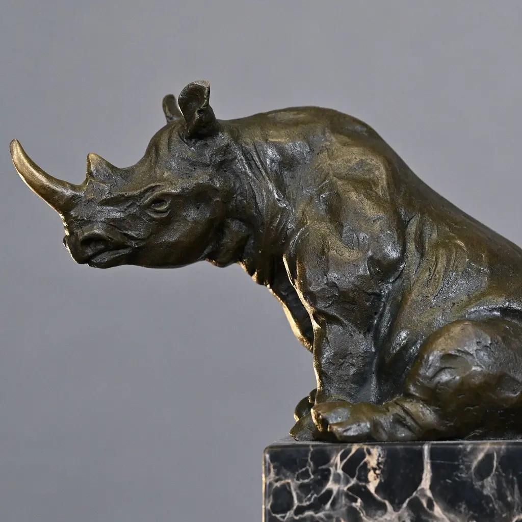 Rhinoceros Statuette In Antique Bronze On Marble Base, Barye Style photo Art