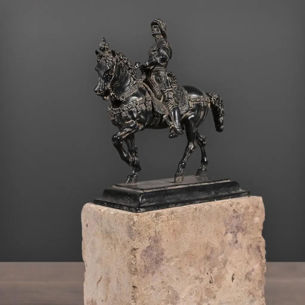 Renaissance Horseman Sculpture On Sandstone Base photo Art