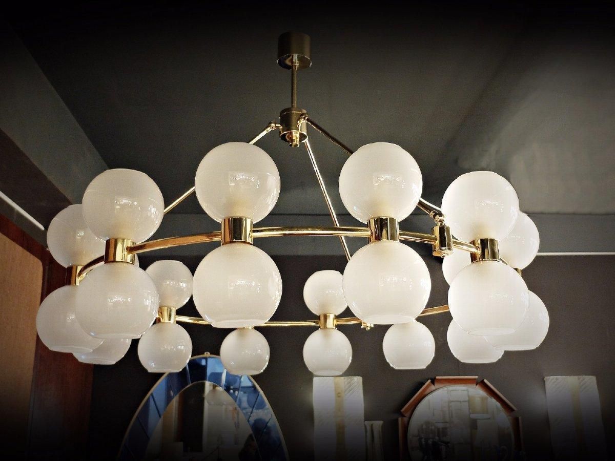 Large Italian Crown Chandelier   Brass & Opaline   Italy photo vinterior
