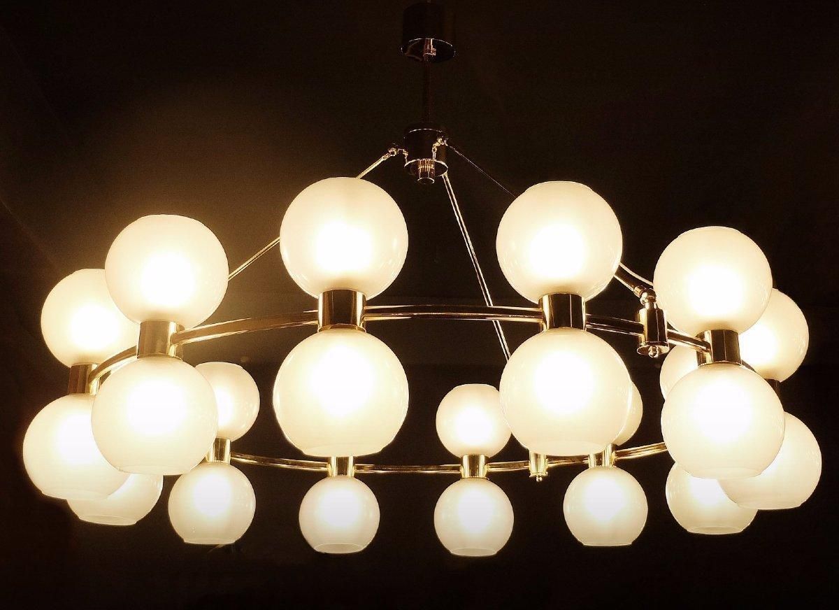 Large Italian Crown Chandelier   Brass & Opaline   Italy photo buy