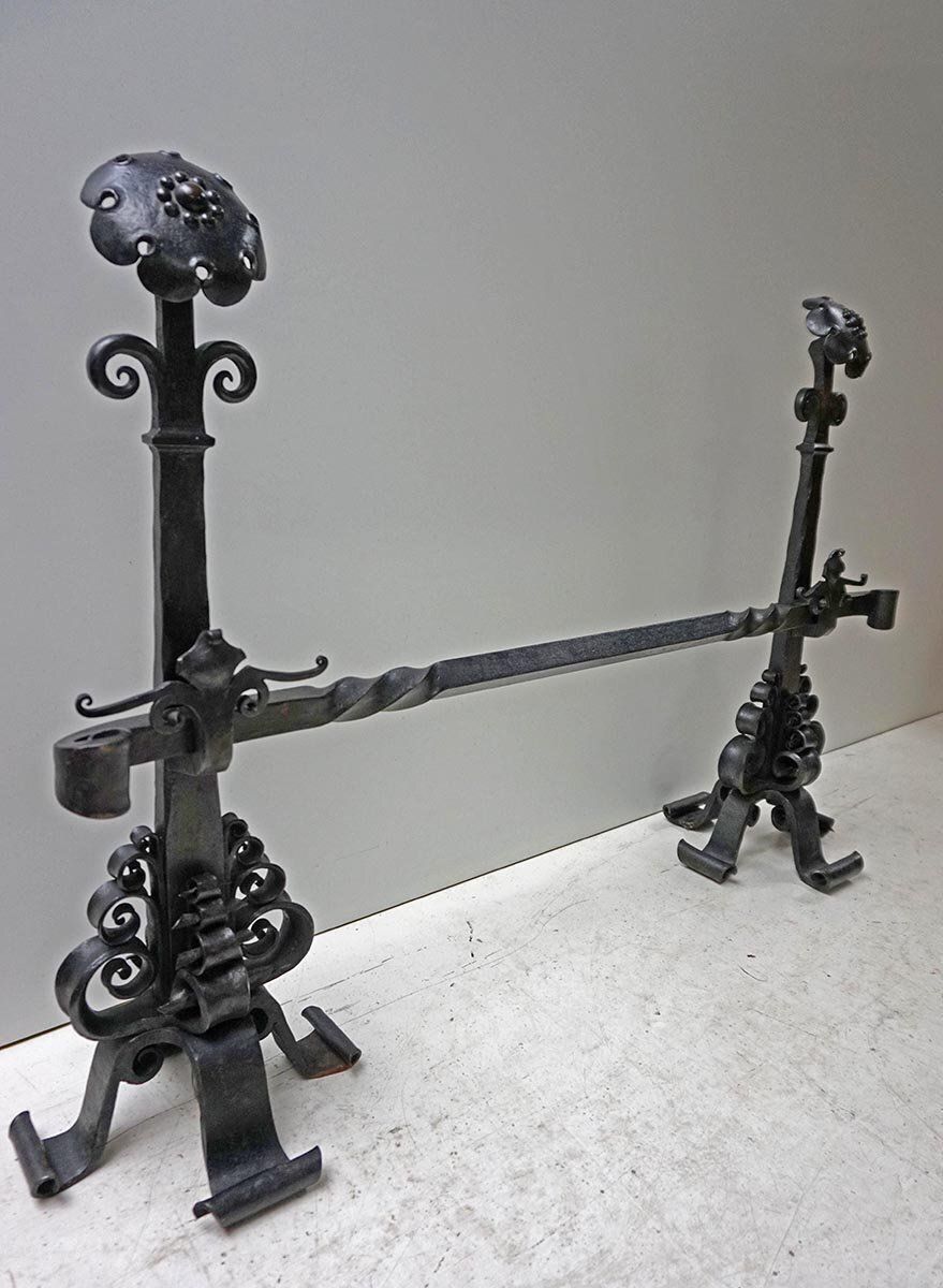 Amsterdamse School Dutch Art Deco Iron Andirons With Cross Bar, 1920s, Set Of 3