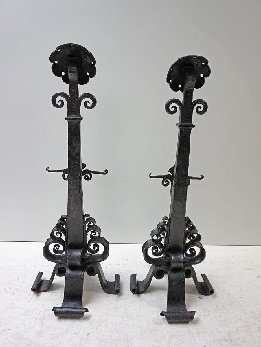 Home Decor Amsterdamse School Dutch Art Deco Iron Andirons With Cross Bar, 1920s, Set Of 3 photo