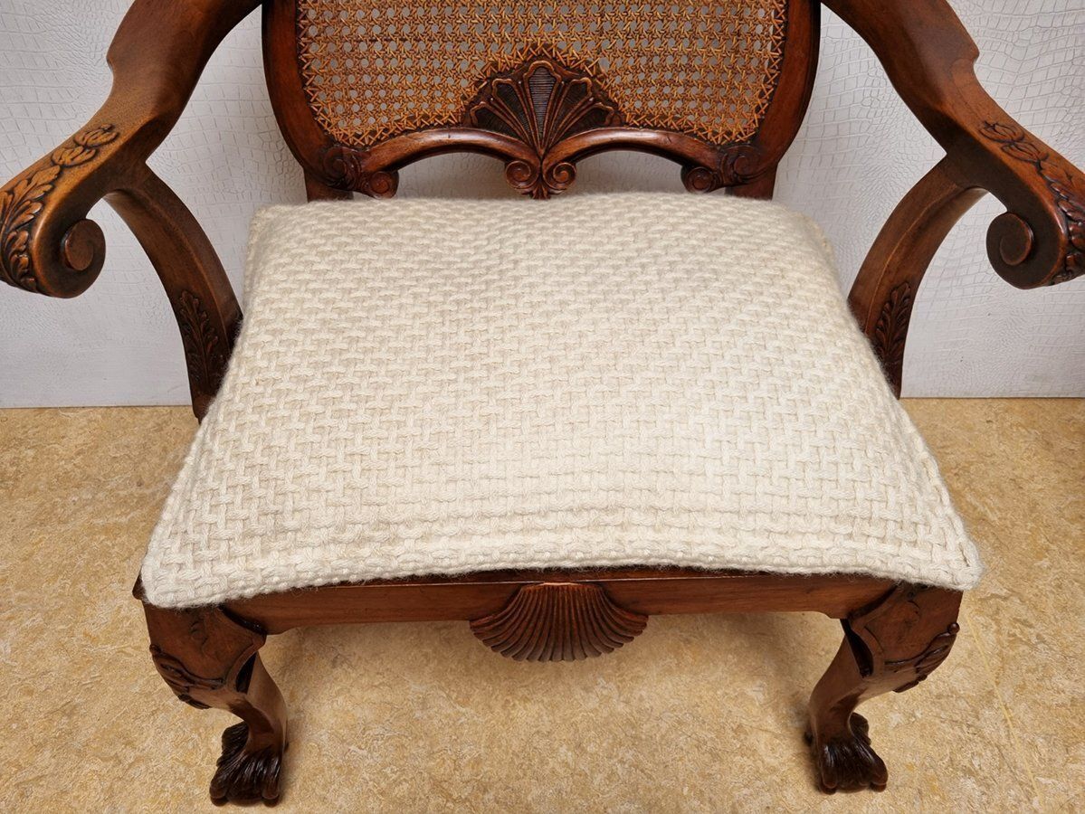 Chippendale Bergere Armchair In Carved Mahogany With Caned Backrest And Lion's Claw And Ball photo for sale