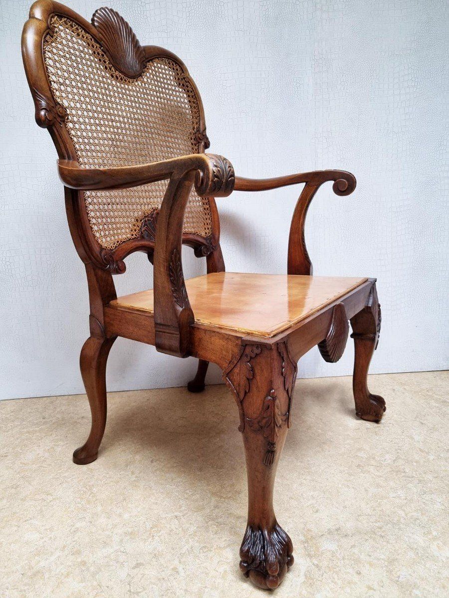 1123.0 Chippendale Bergere Armchair In Carved Mahogany With Caned Backrest And Lion's Claw And Ball photo