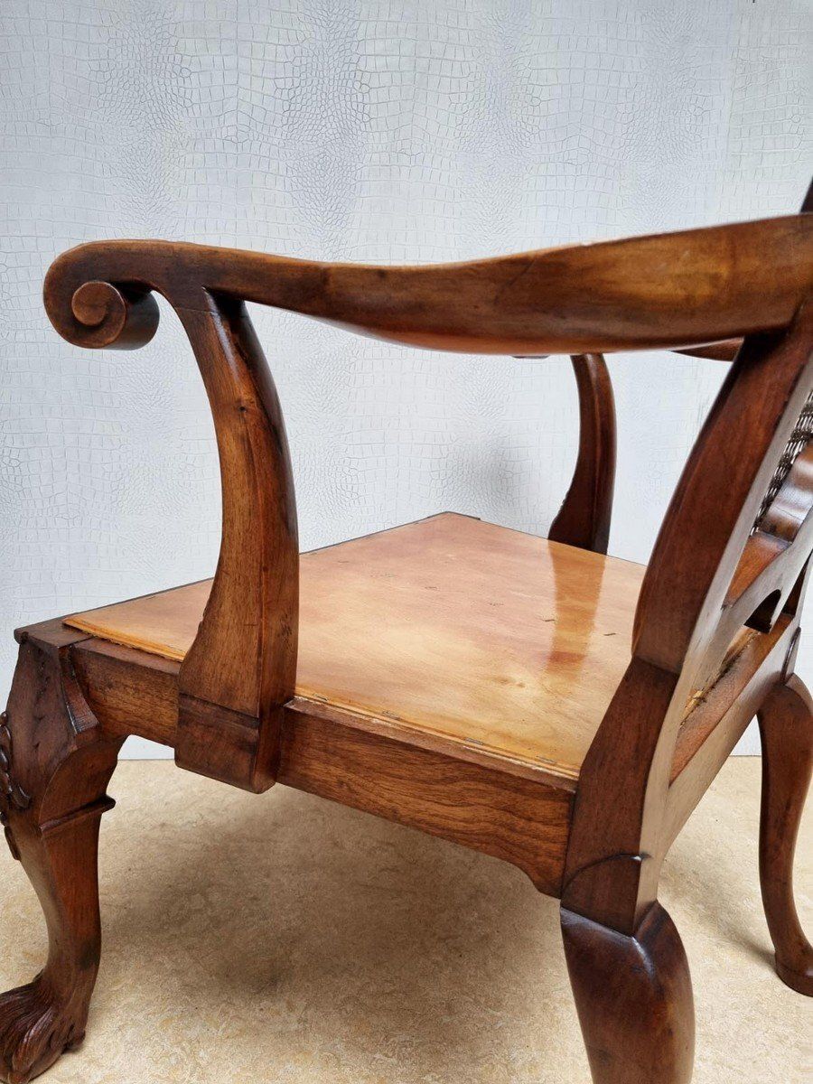 photo vintage Chippendale Bergere Armchair In Carved Mahogany With Caned Backrest And Lion's Claw And Ball