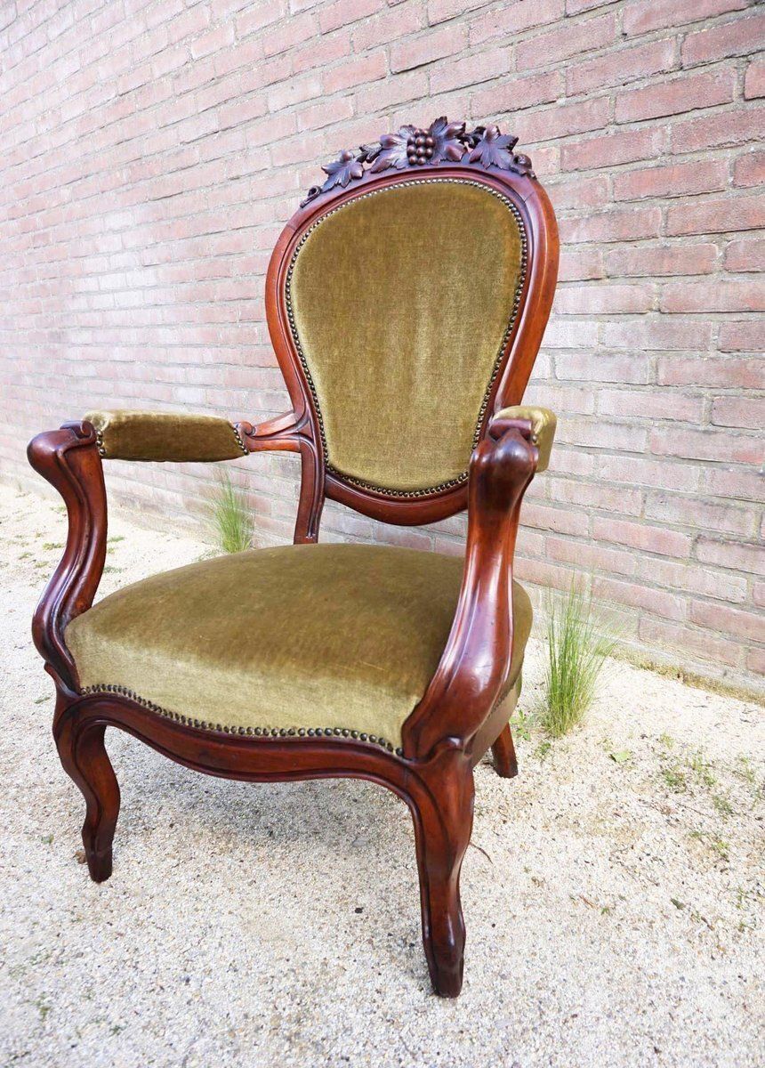 Biedermeier Mahogany Armchair With Carved Grapes And Leaves Decoration On Top, 1870s