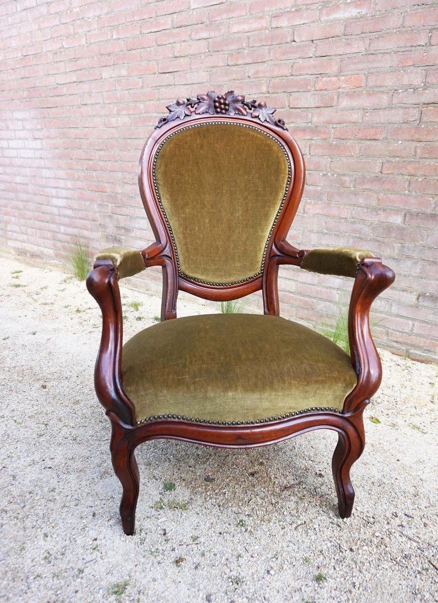 Biedermeier Mahogany Armchair With Carved Grapes And Leaves Decoration On Top, 1870s photo for sale