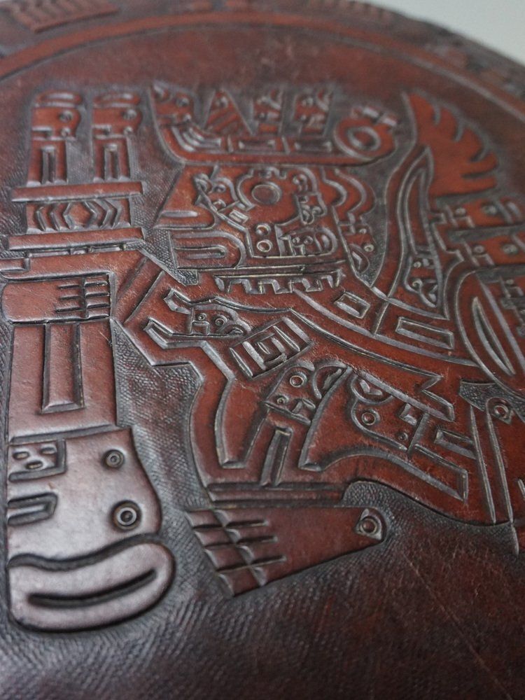Round Saddle Leather Ottoman With Reliëf Mayan Motifs From Angel Pazmino, 1970s photo Furniture