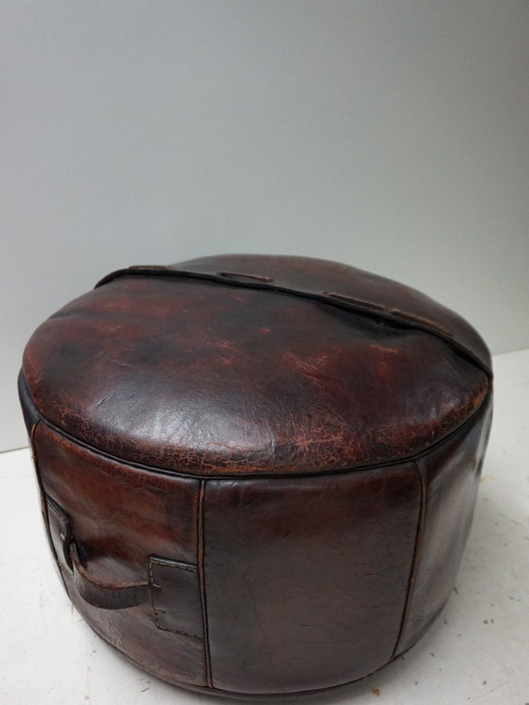 Round Saddle Leather Ottoman With Reliëf Mayan Motifs From Angel Pazmino, 1970s photo vintage