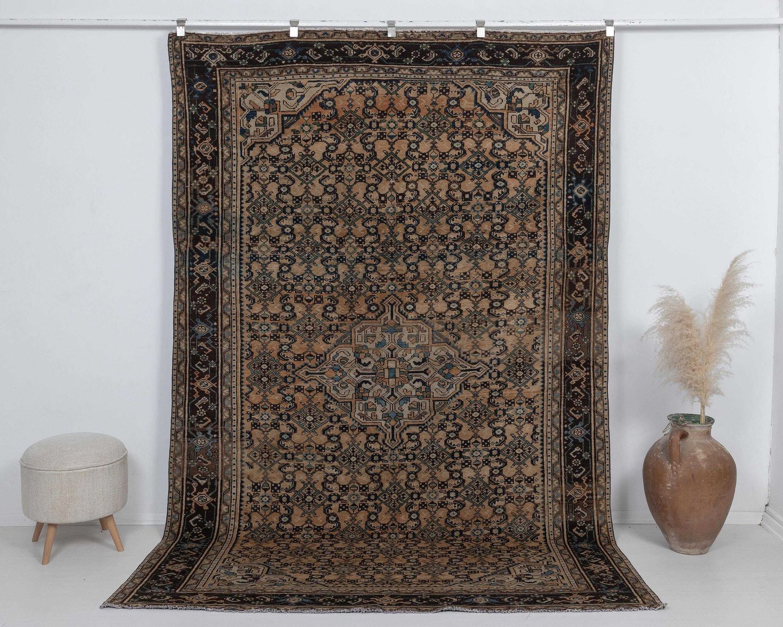 7x10 Vintage Area Rug, Brown Blue Geometric Wool Handmade Large Room Carpet, 6.6 X 9.7 Feet photo furniture