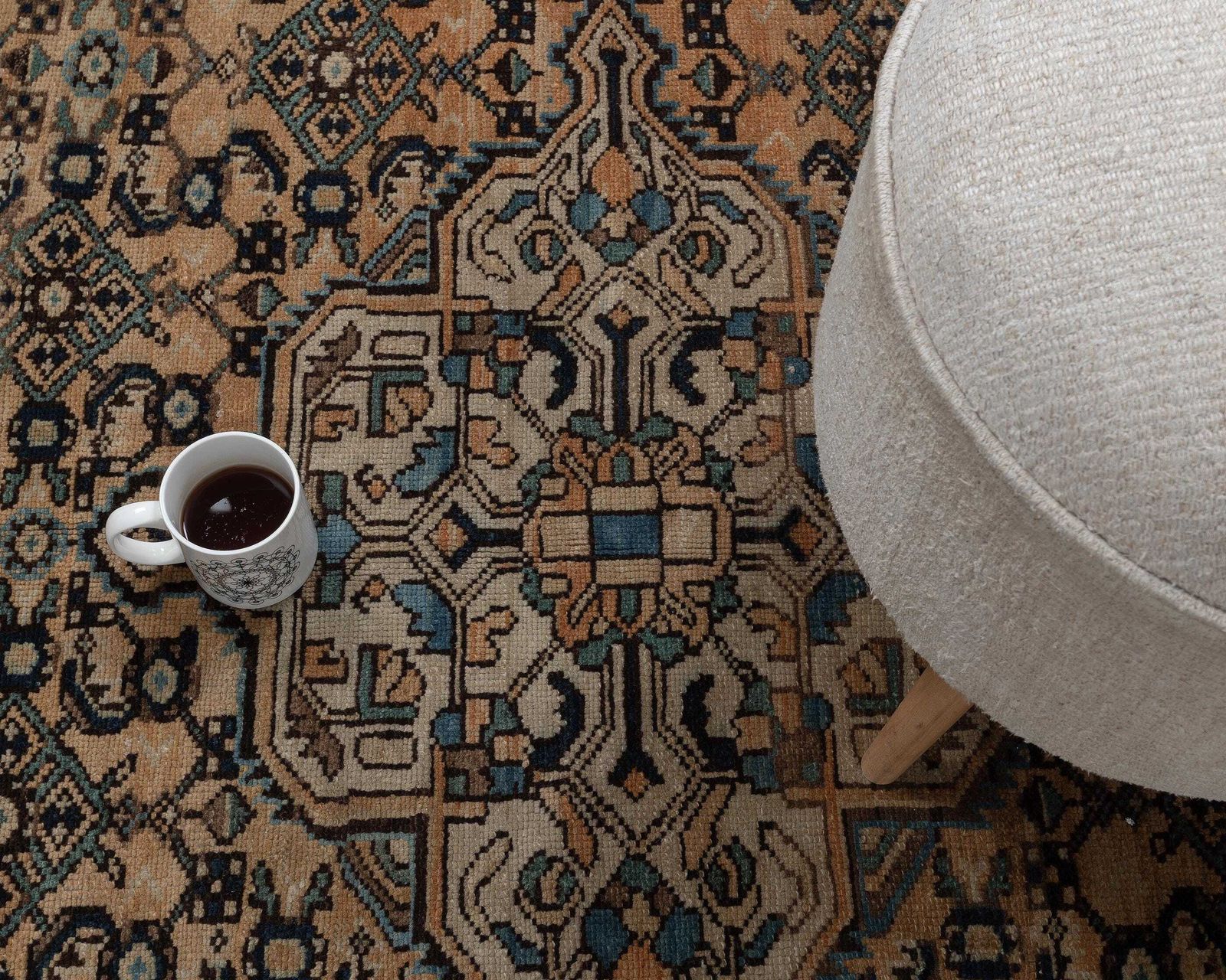 7x10 Vintage Area Rug, Brown Blue Geometric Wool Handmade Large Room Carpet, 6.6 X 9.7 Feet photo for sale