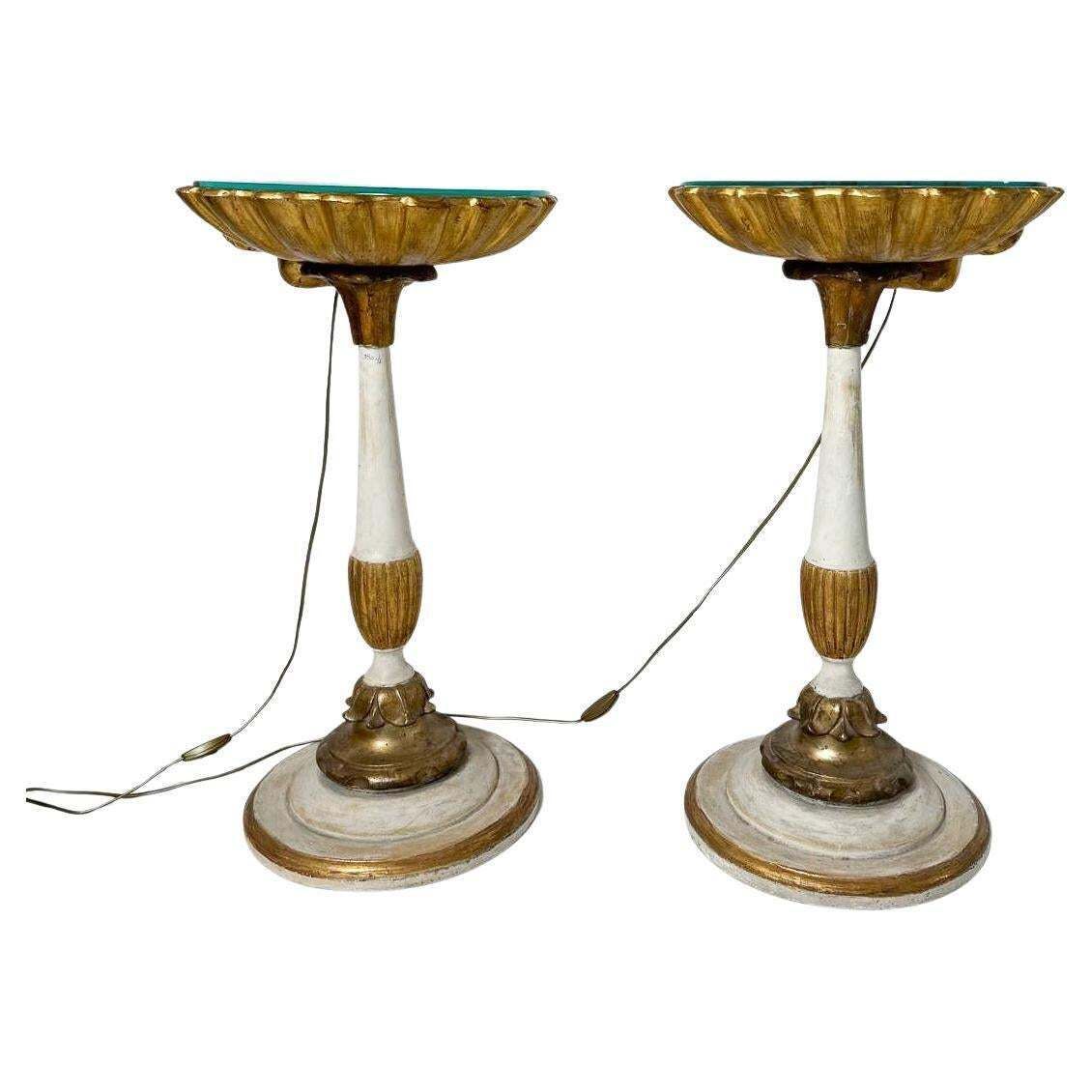 Pair Of Nighstands Shell Shaped, Wood And Glass, 1900s