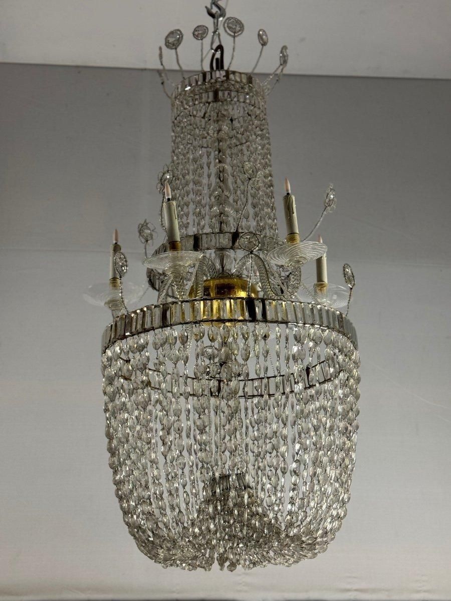 Lighting Important Navette Cut Crystal Pearl Bag Chandelier, Circa 1800 photo