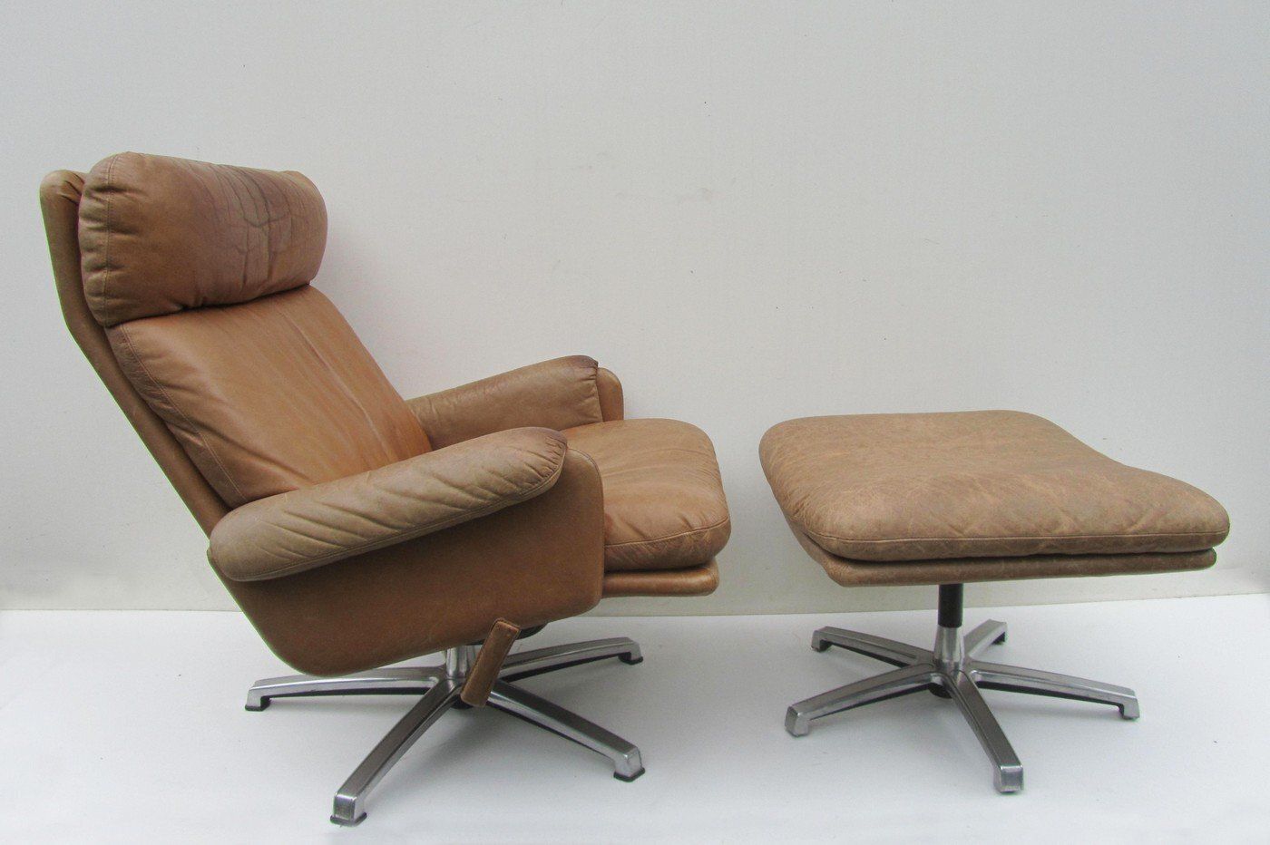 Set Of Mid Century Leather High Back Swivel Armchair With Ottoman, 1960s