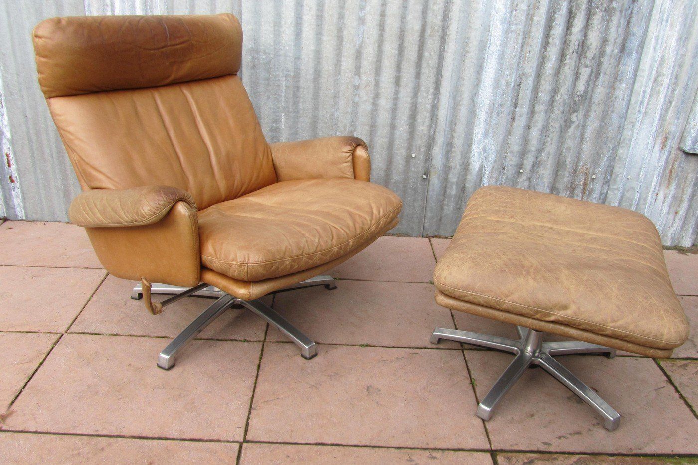 photo furniture Set Of Mid Century Leather High Back Swivel Armchair With Ottoman, 1960s
