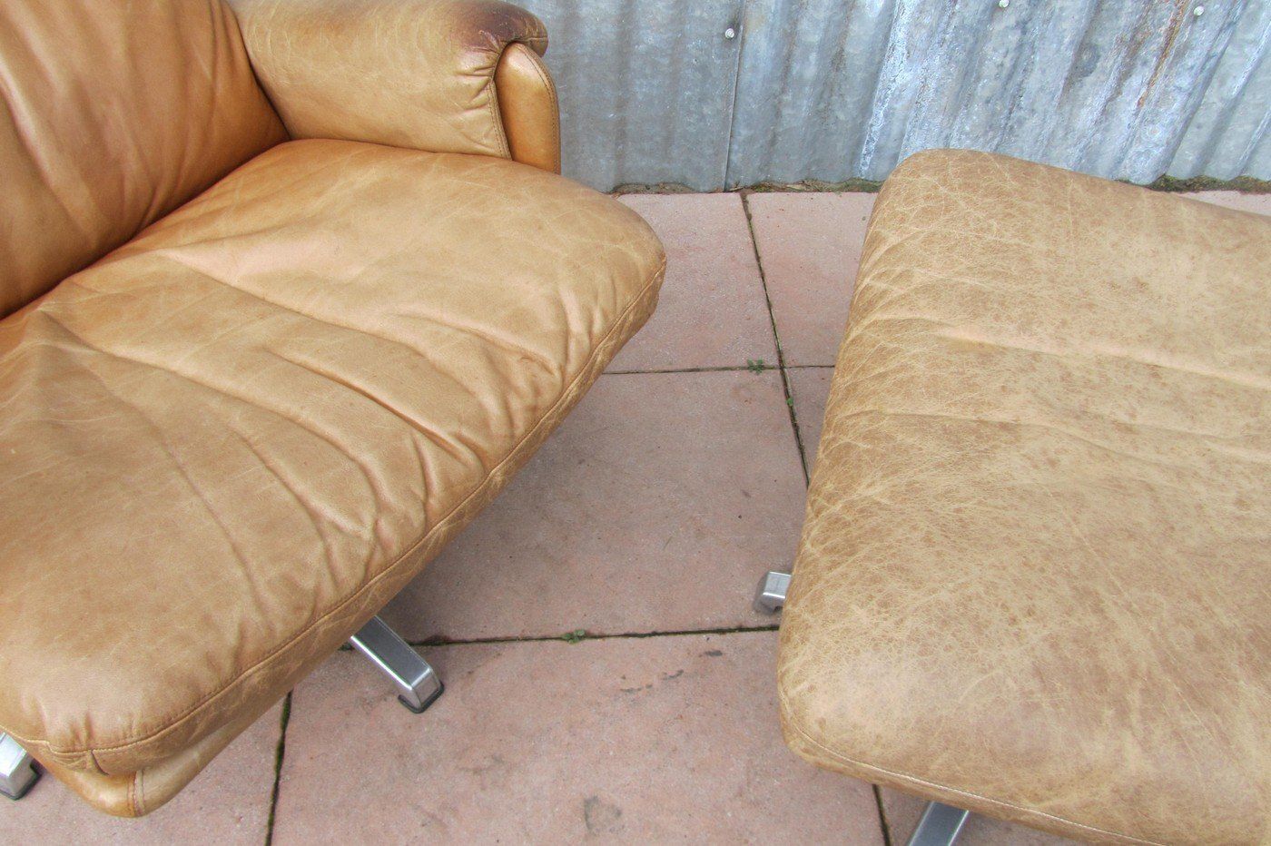 photo for sale Set Of Mid Century Leather High Back Swivel Armchair With Ottoman, 1960s