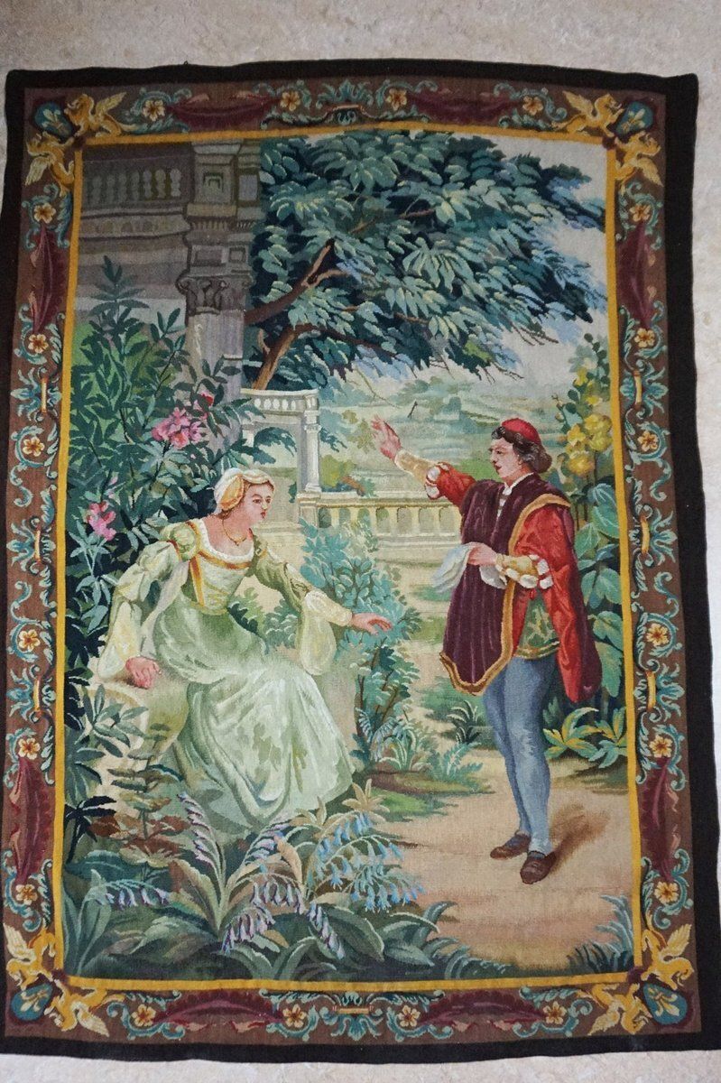 Antique French Aubusson Tapestry With Romantic Scene
