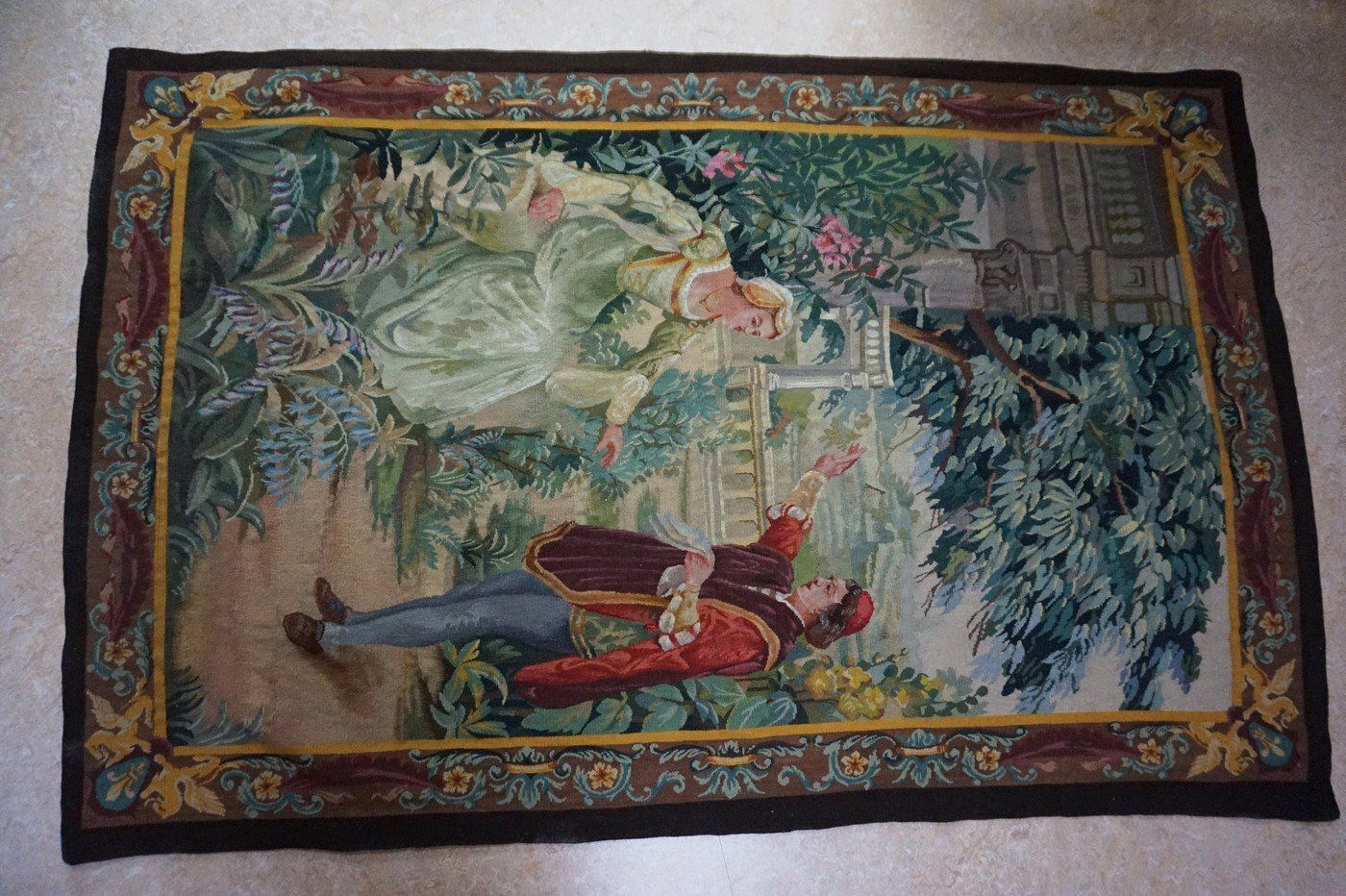 Antique French Aubusson Tapestry With Romantic Scene photo for sale