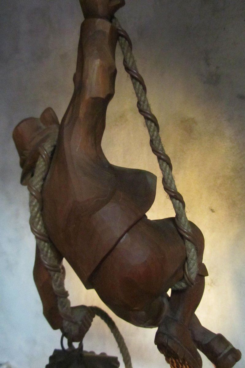 photo for sale Vintage Carved Wooden Pendant Lamp Mountain Climber & Lantern In Black Forest Style, 1960s