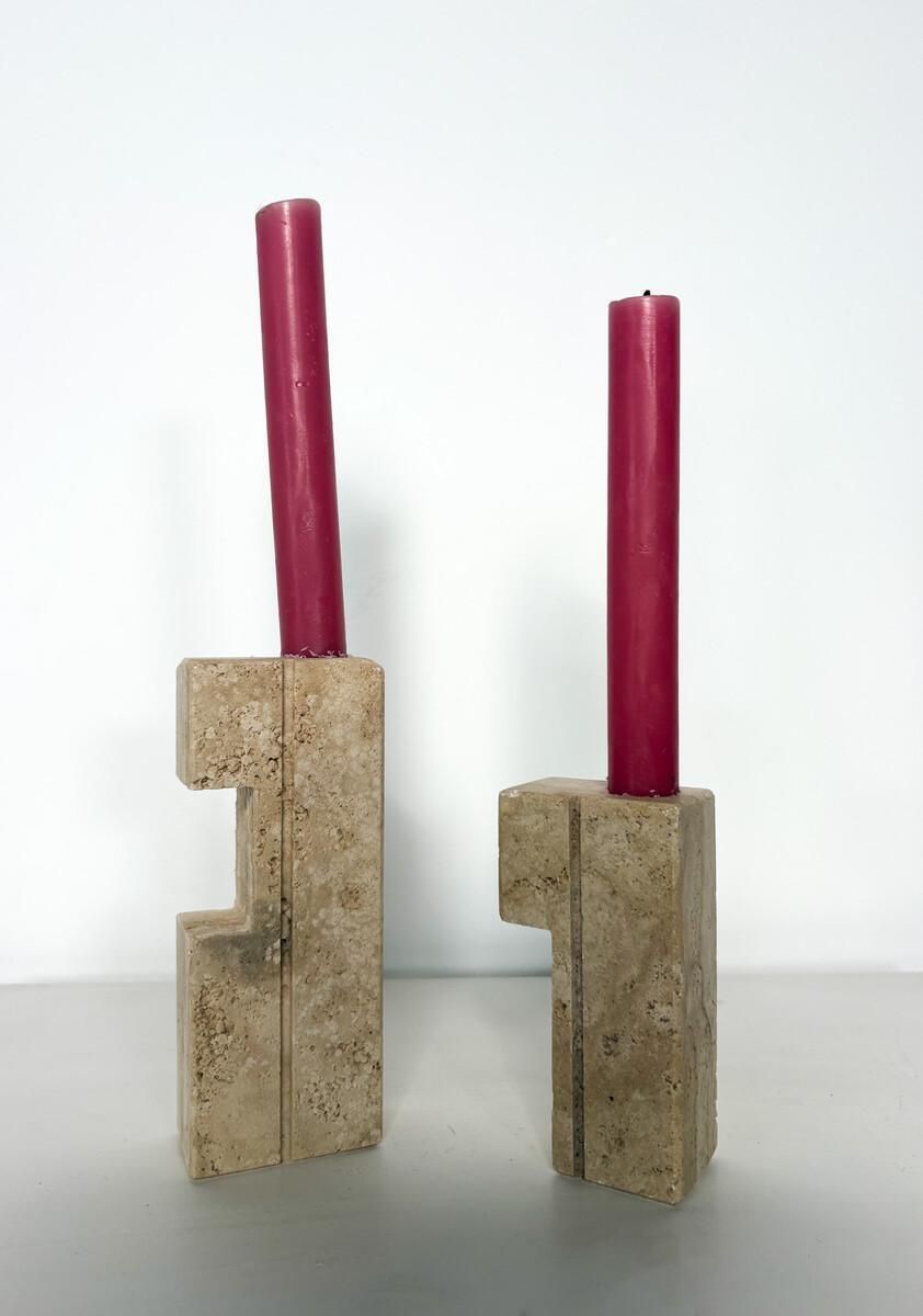 Pair Of Two Travertine Candlesticks By Fratelli Mannelli, 1970s photo Home Decor