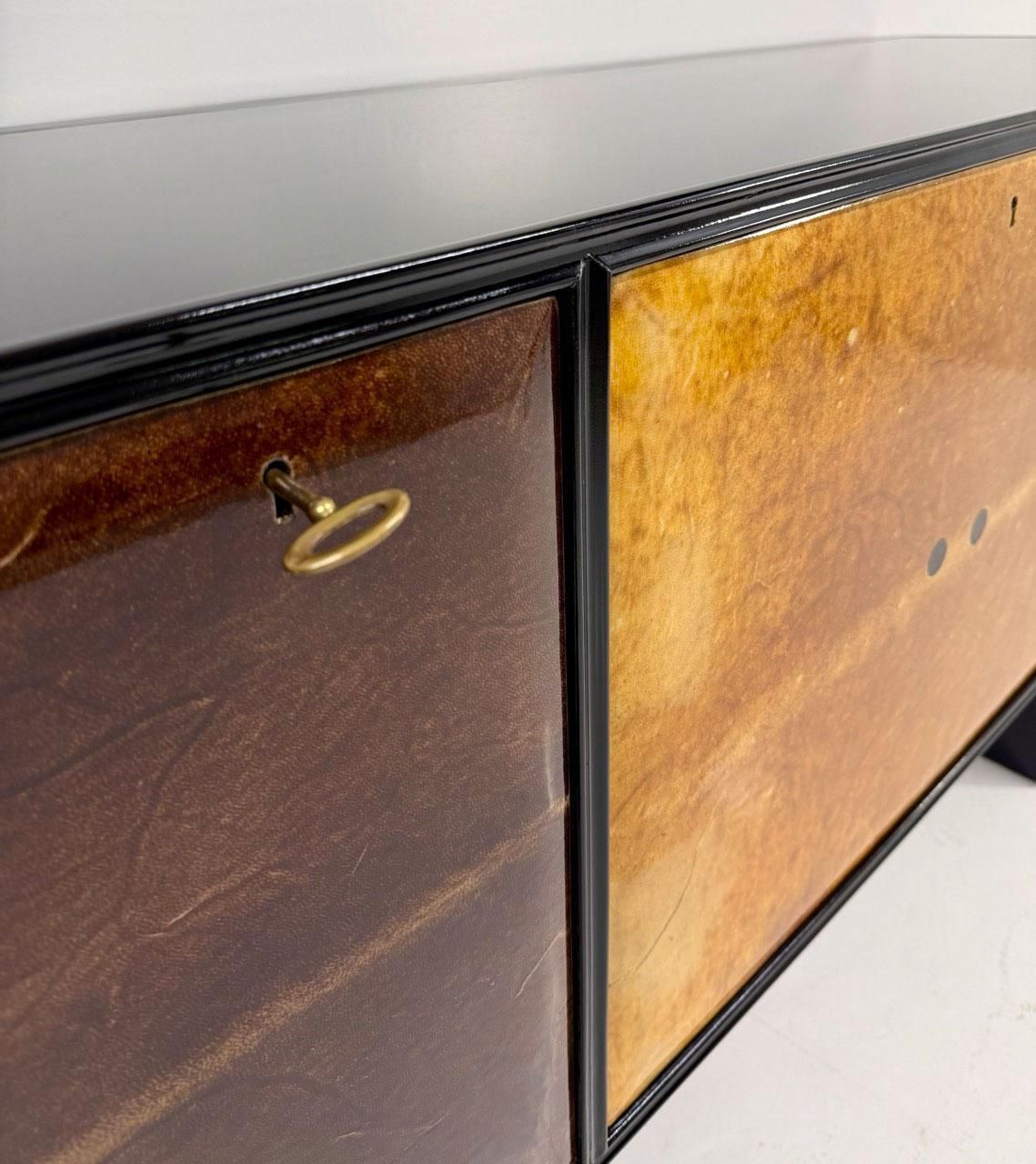 photo furniture Italian Art Deco Sideboard With Parchment Leather And Ebonized Wood, 1950s