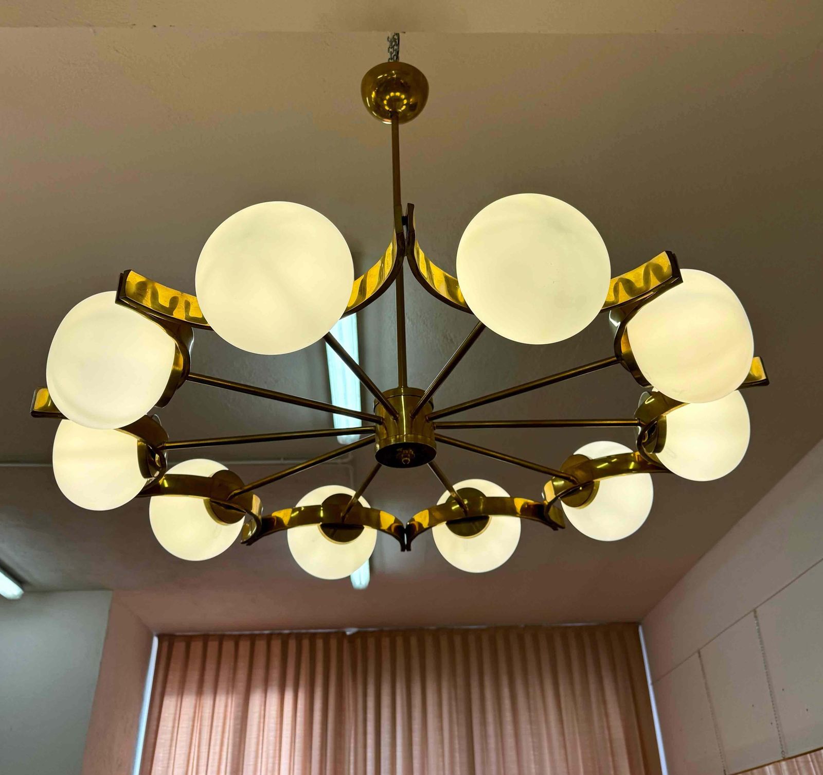 Italian Murano Glass Chandelier With 10 White Spheres And Radial Brass Structure photo for sale