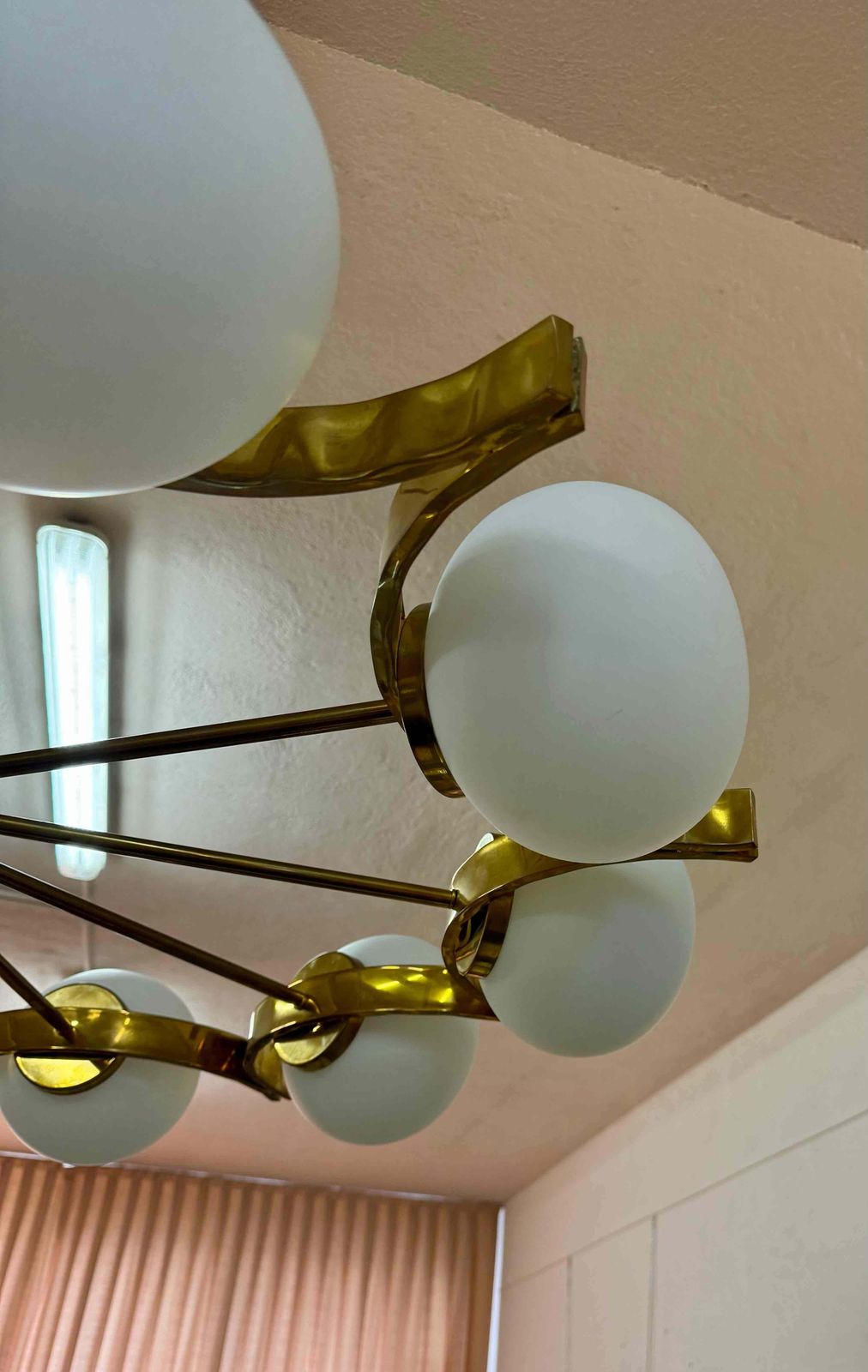 photo for sale Italian Murano Glass Chandelier With 10 White Spheres And Radial Brass Structure