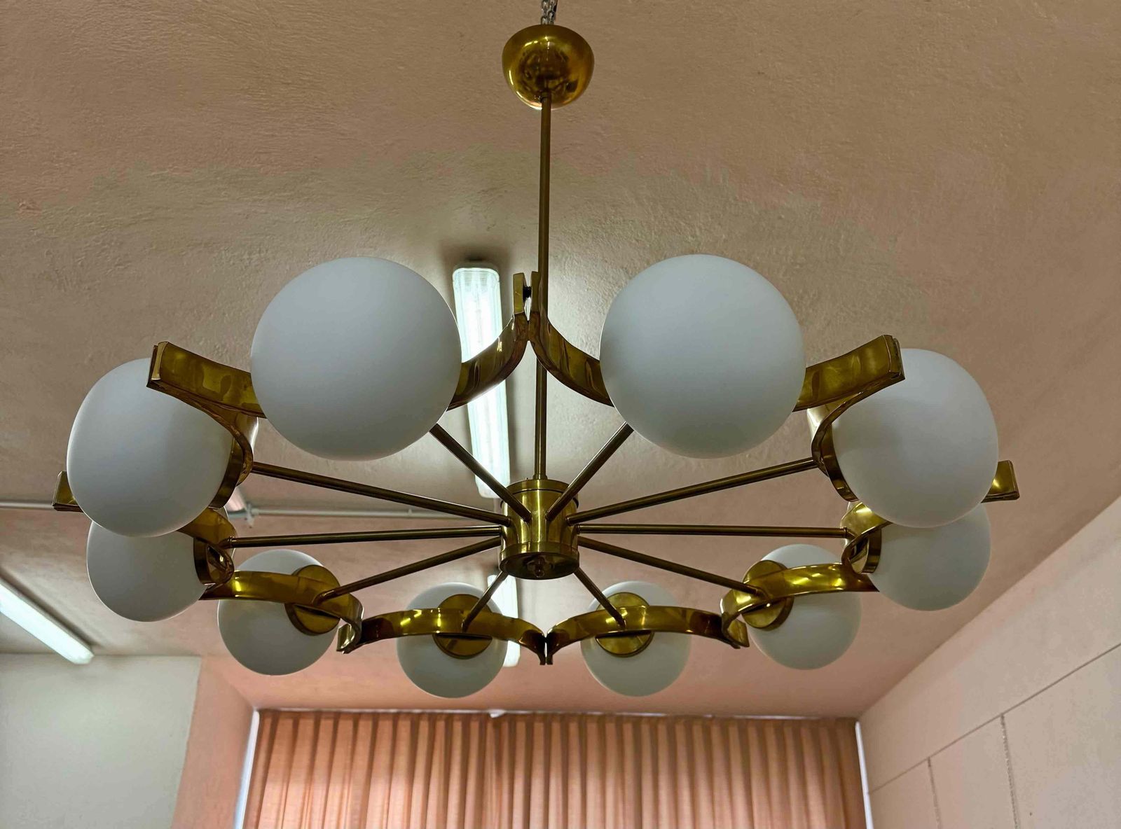 Lighting Italian Murano Glass Chandelier With 10 White Spheres And Radial Brass Structure photo