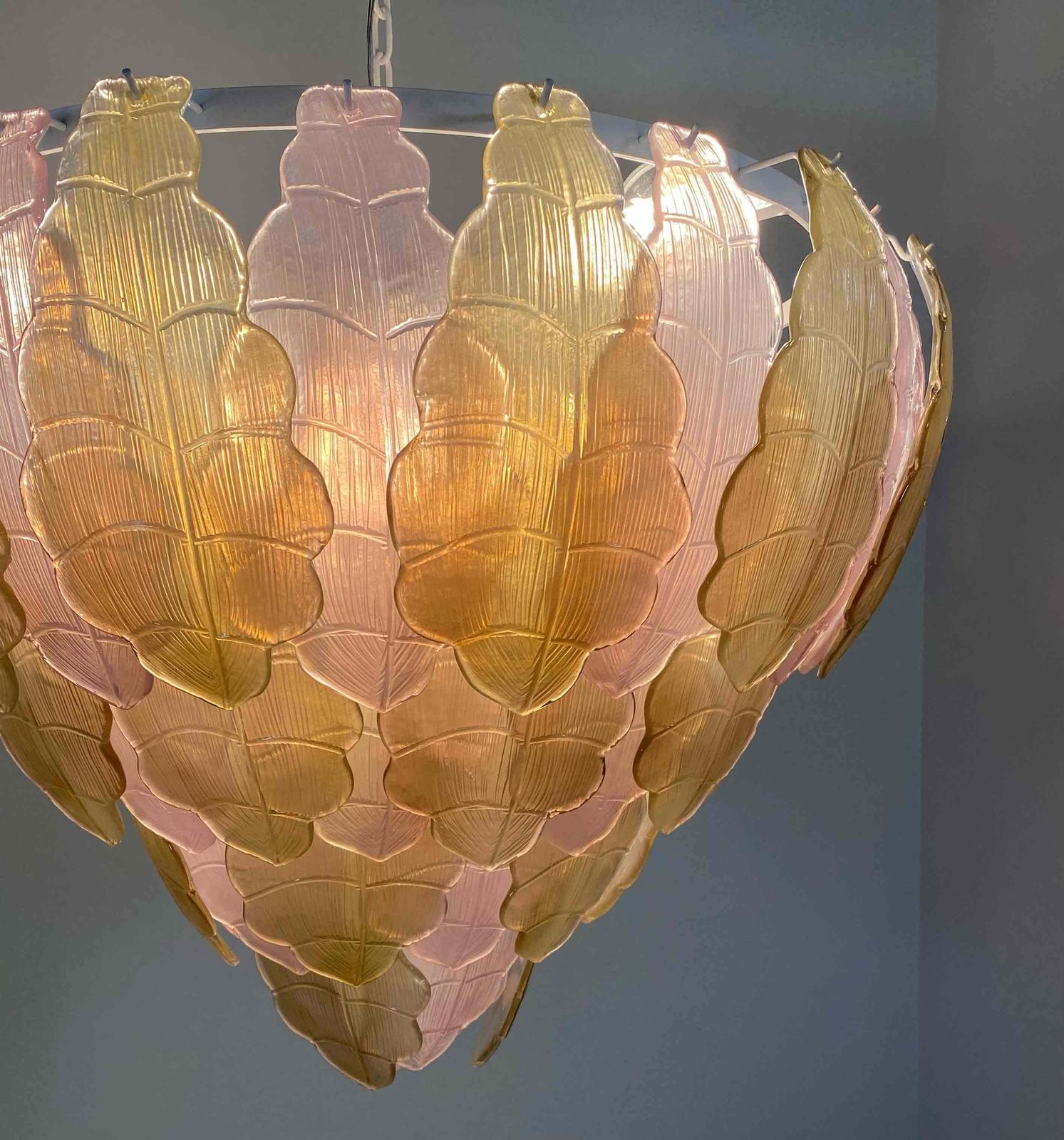 photo for sale Italian Art Deco Gold And Pink Murano Glass Chandelier