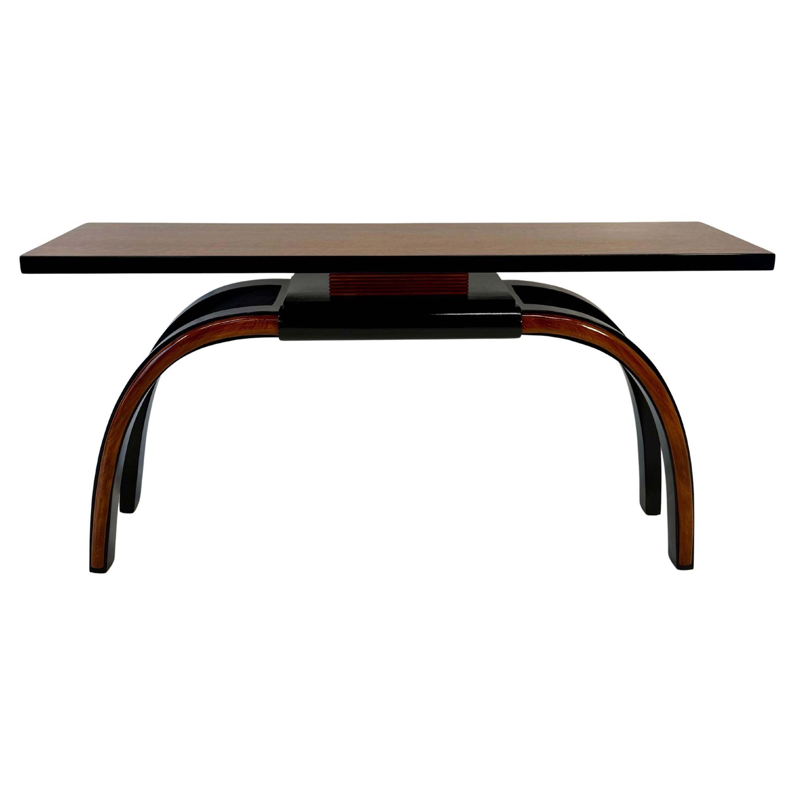 Italian 1940s Art Deco Console In Black Lacquer, Walnut And Maple Burl