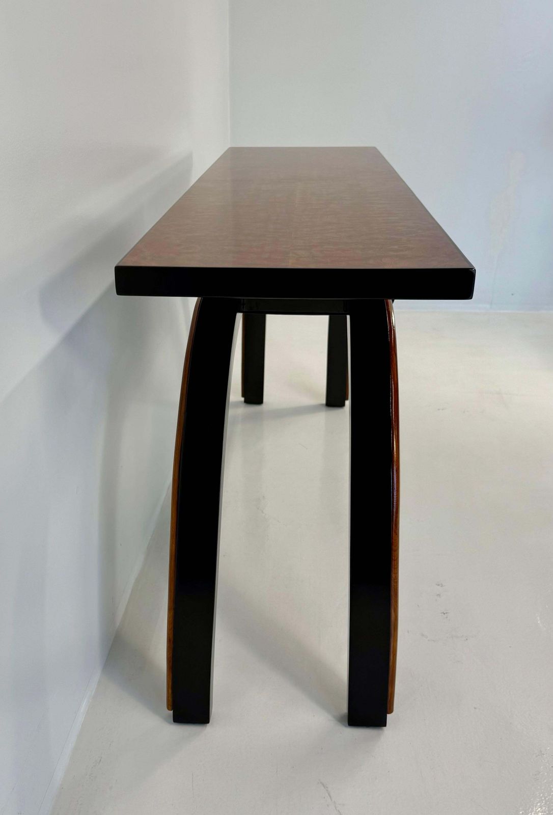 Italian 1940s Art Deco Console In Black Lacquer, Walnut And Maple Burl photo buy
