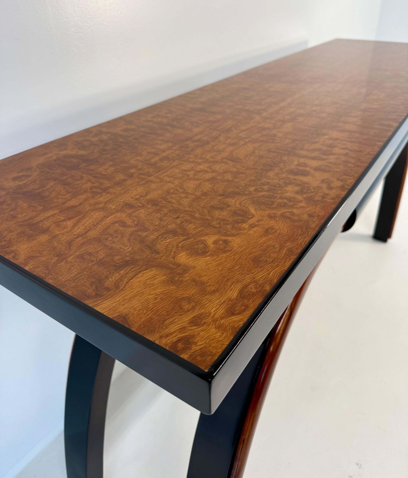 photo for sale Italian 1940s Art Deco Console In Black Lacquer, Walnut And Maple Burl