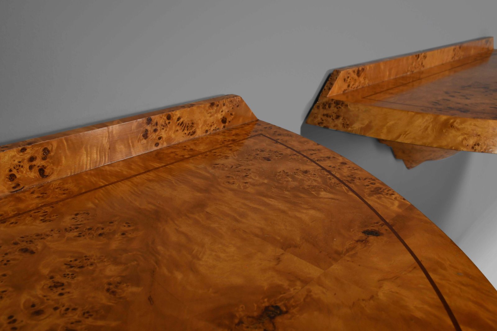 photo furniture Rare And Elegant Pair Of Art Deco Consoles In Burl Wood.