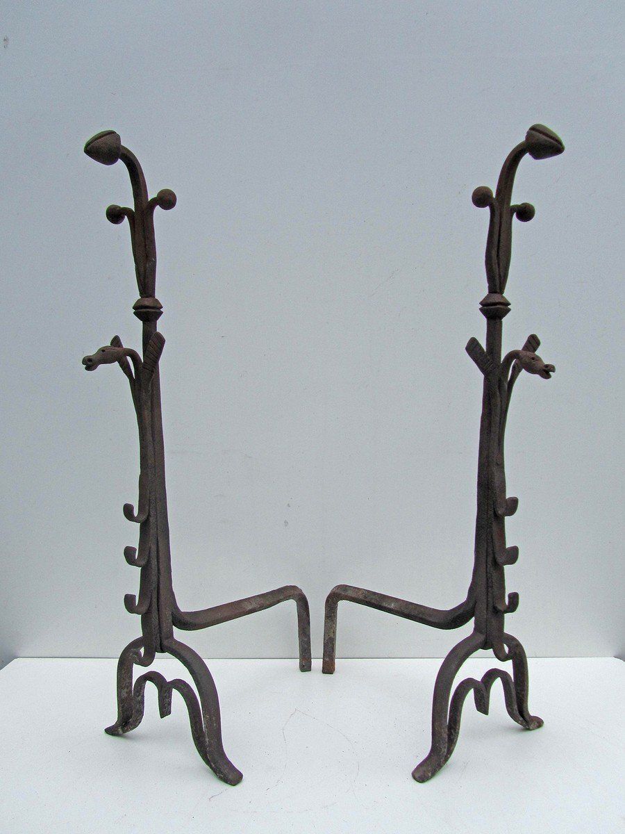 Antique Hand Forged Iron Dragon Gothic Andirons, 1700s, Set Of 2