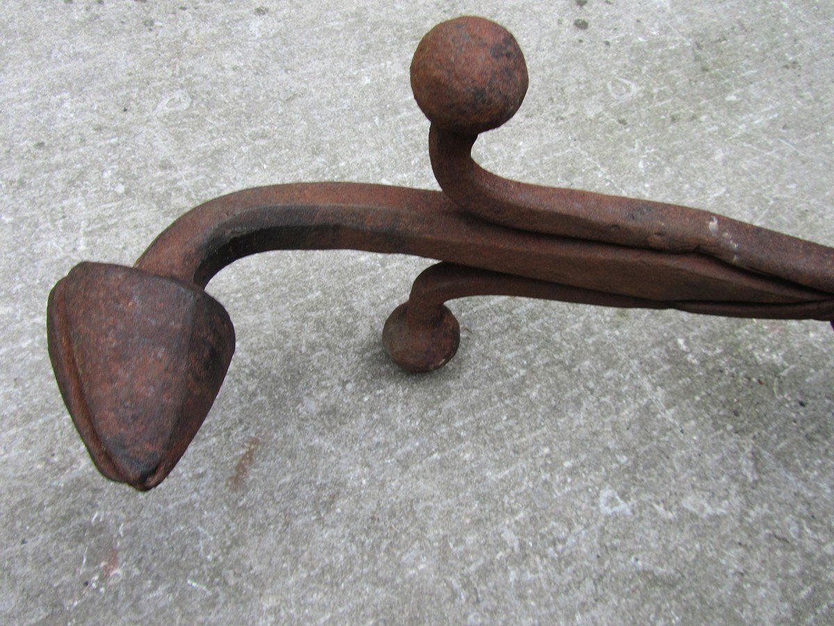 photo vinterior Antique Hand Forged Iron Dragon Gothic Andirons, 1700s, Set Of 2