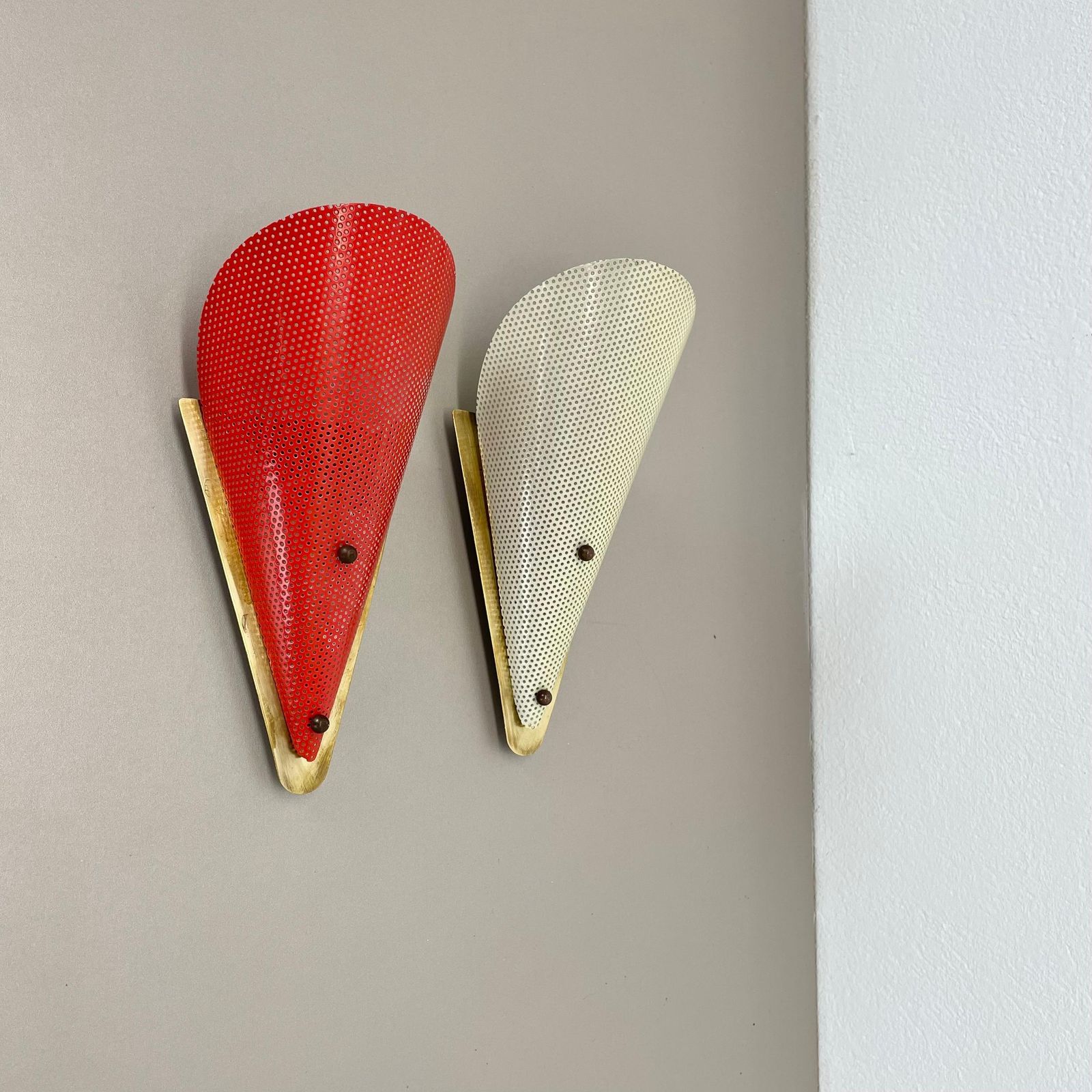 Set Of Two Hole Pattern Theatre Wall Light Sconces Mategot Style, France, 1950 photo furniture
