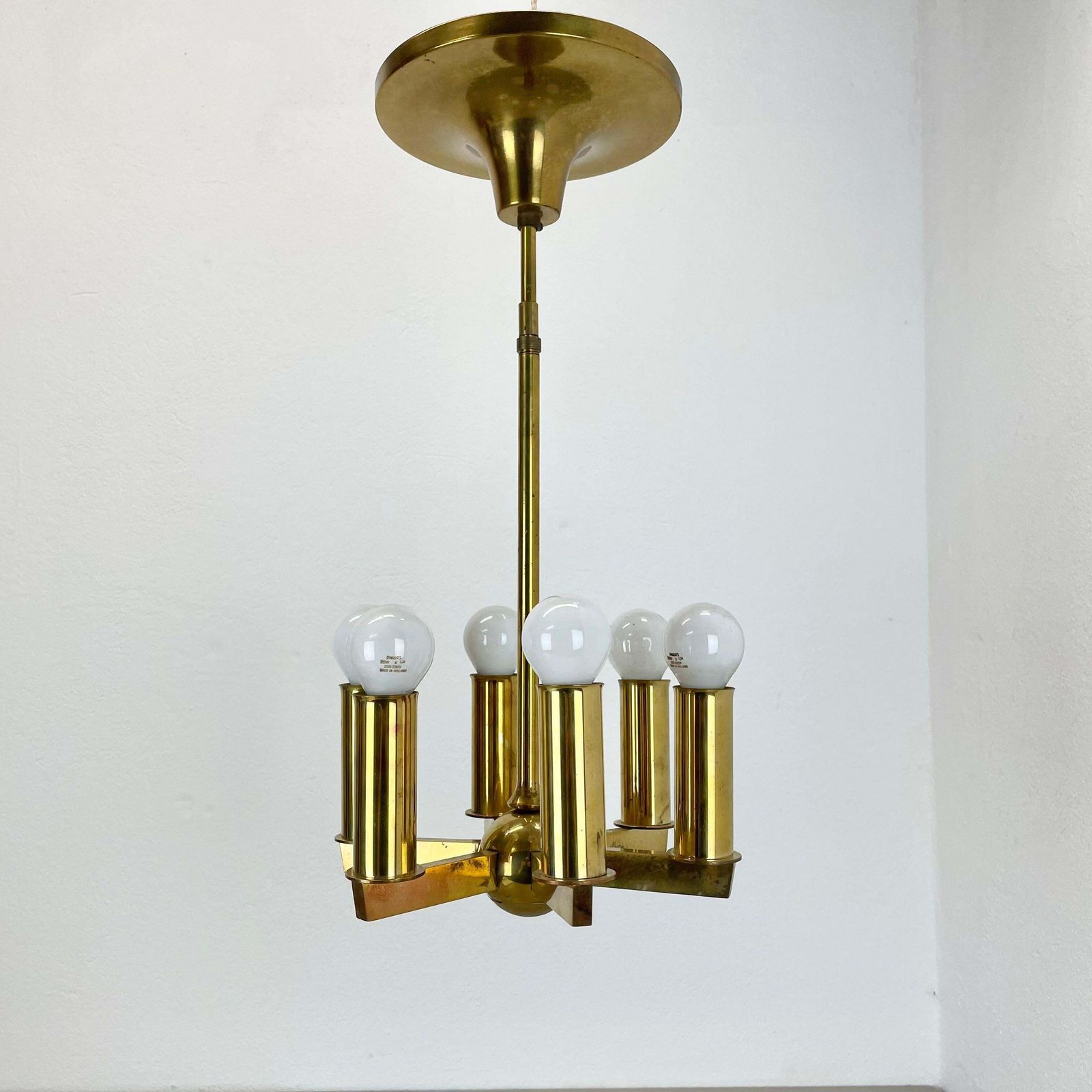 Unique Round Brass Gino Sarfatti Style Hanging Light Chandelier, Italy 1950s photo Lighting