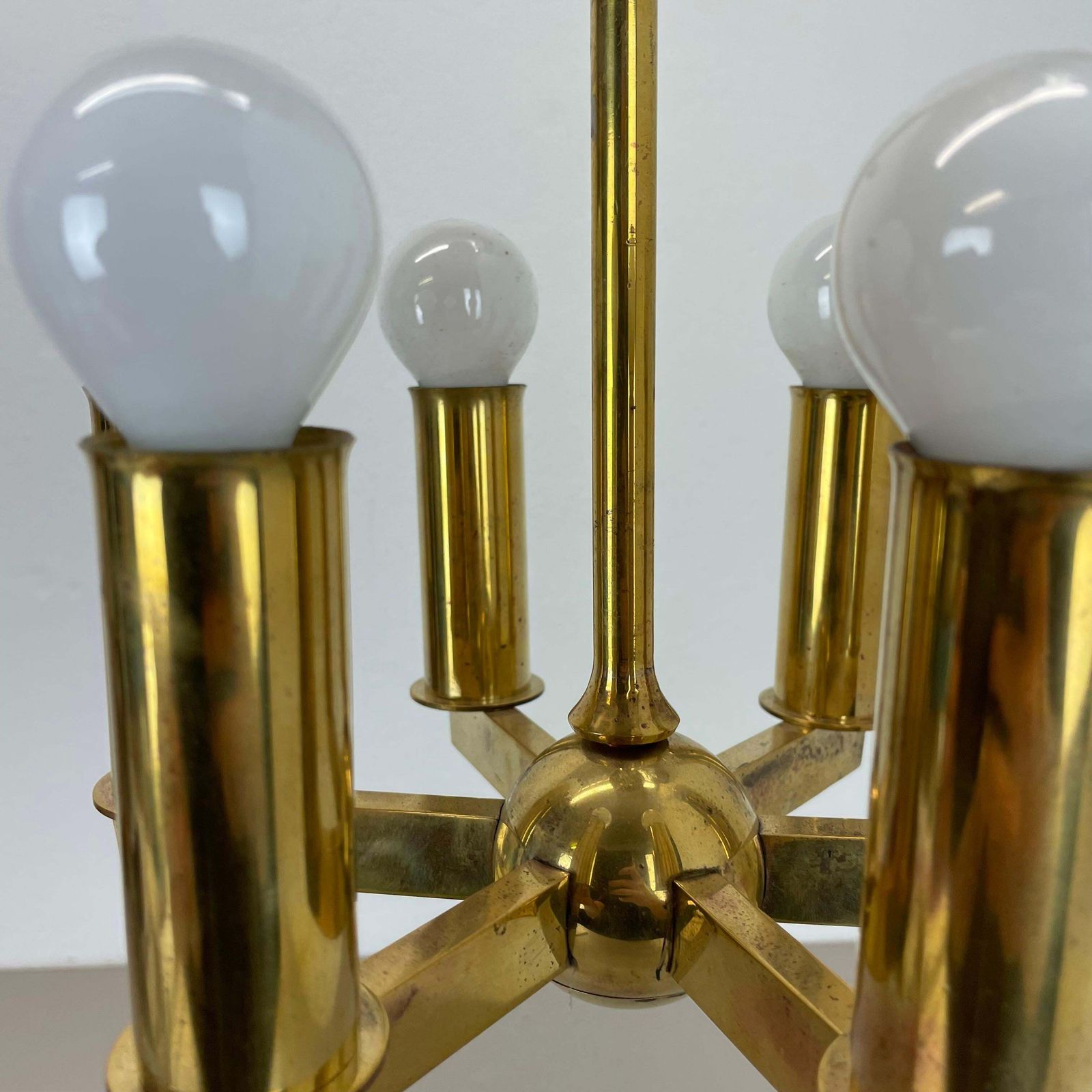 Unique Round Brass Gino Sarfatti Style Hanging Light Chandelier, Italy 1950s photo vintage