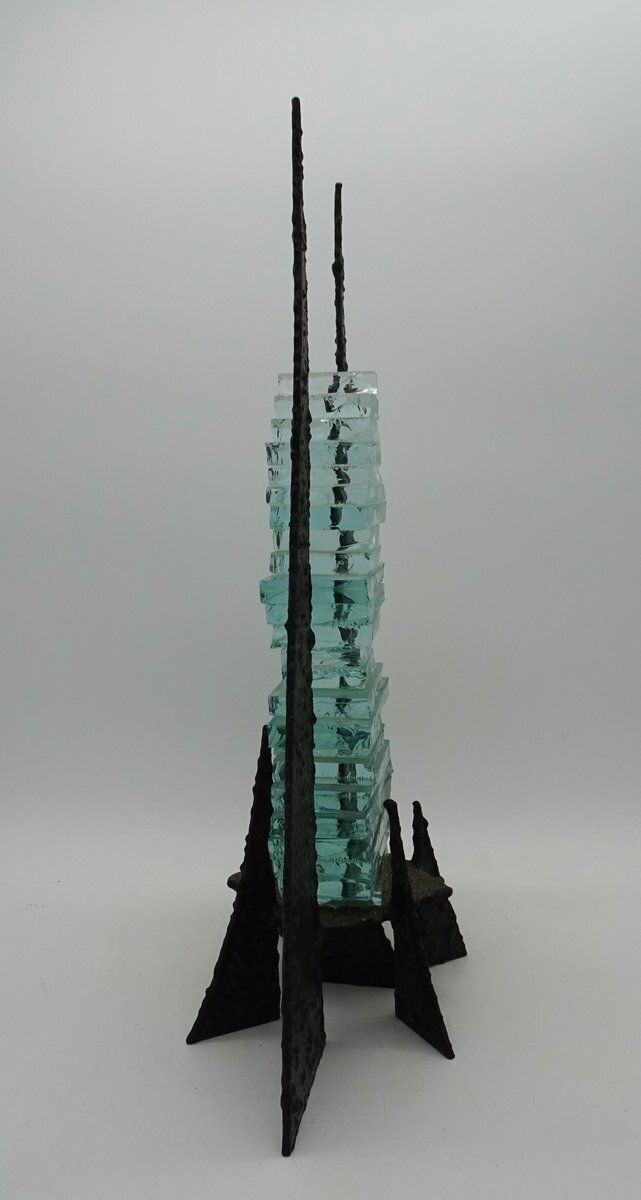 Modernist Abstract Glass And Wrought Iron Art Sculpture, 1980s photo Art
