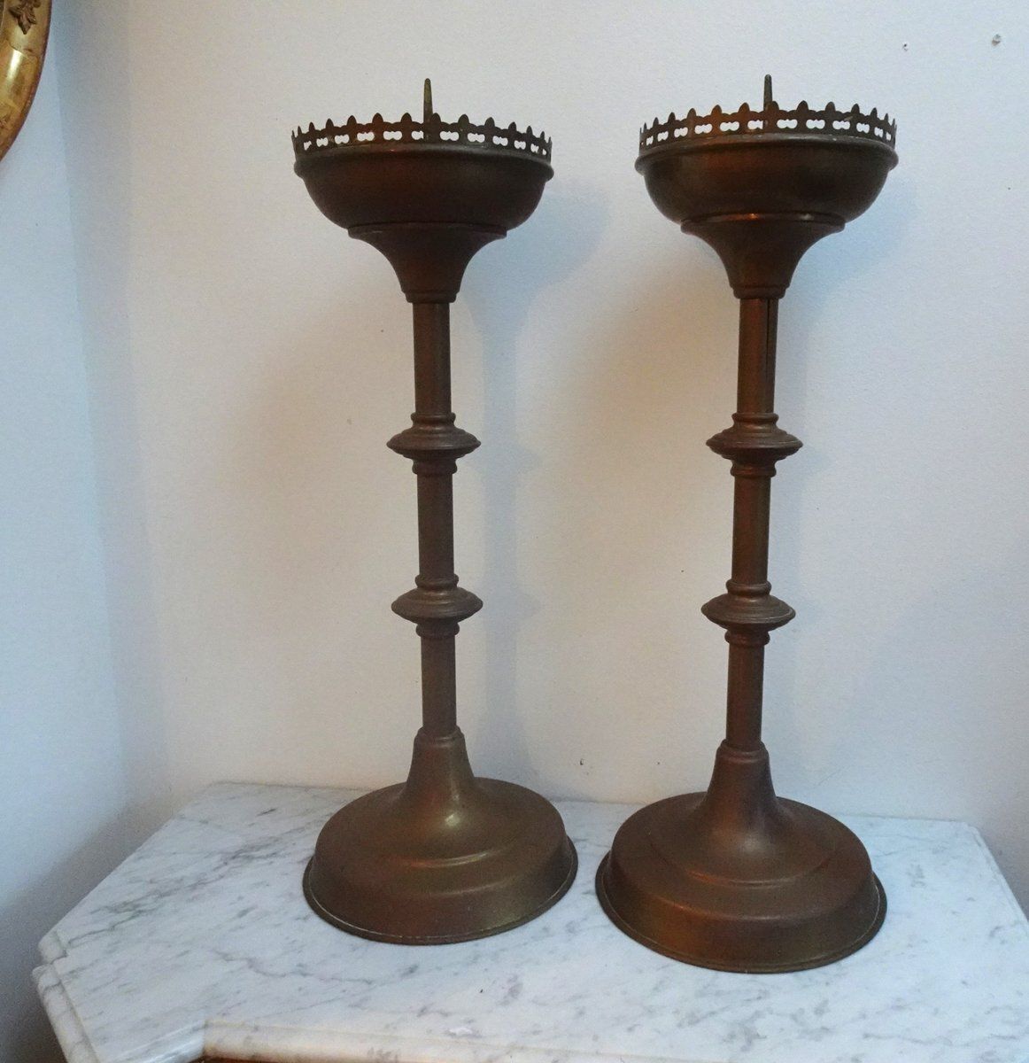 Antique Brass Gothic Church Altar Candlesticks, 1890s, Set Of 2