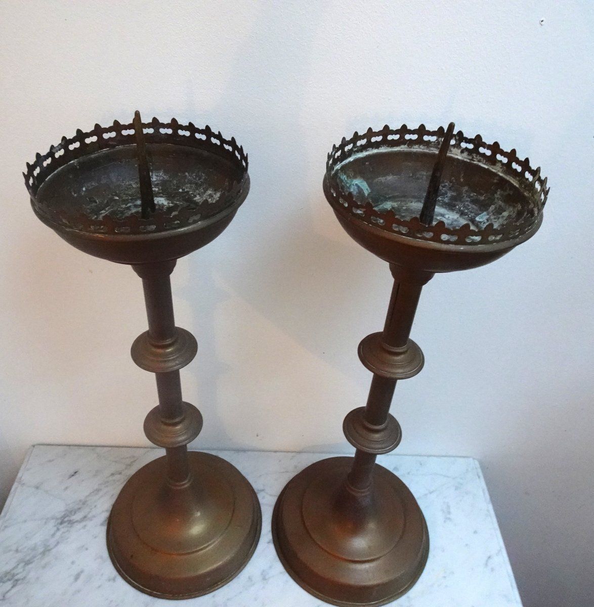 photo buy Antique Brass Gothic Church Altar Candlesticks, 1890s, Set Of 2